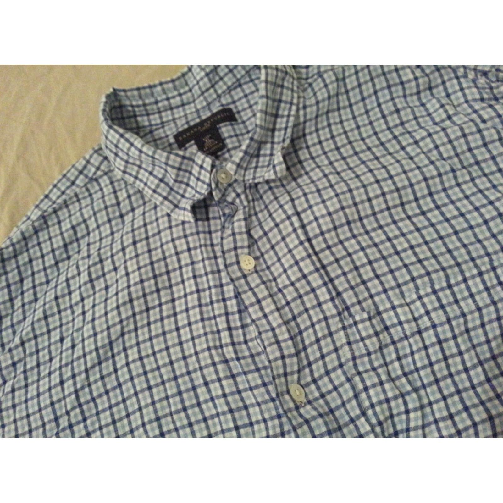 Banana Republic Mens Banana Republic Linen Dress Shirt XL Blue Plaid Button Size 46R - 3 Thumbnail
