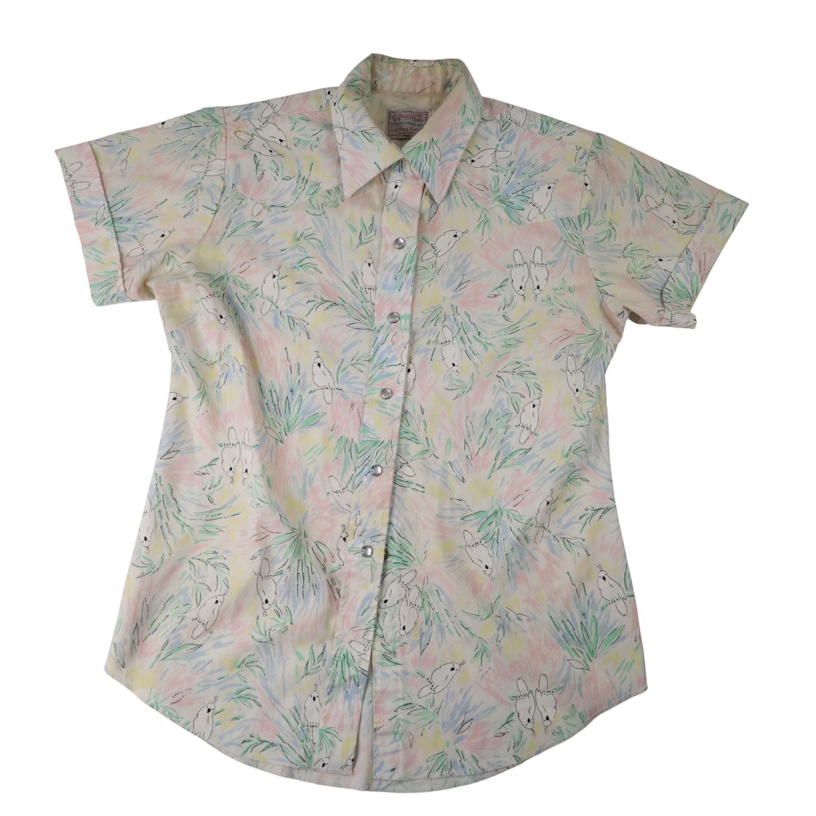 VTG H Bar C Ranchwear Cockatoo Print Pearl Snap Shirt