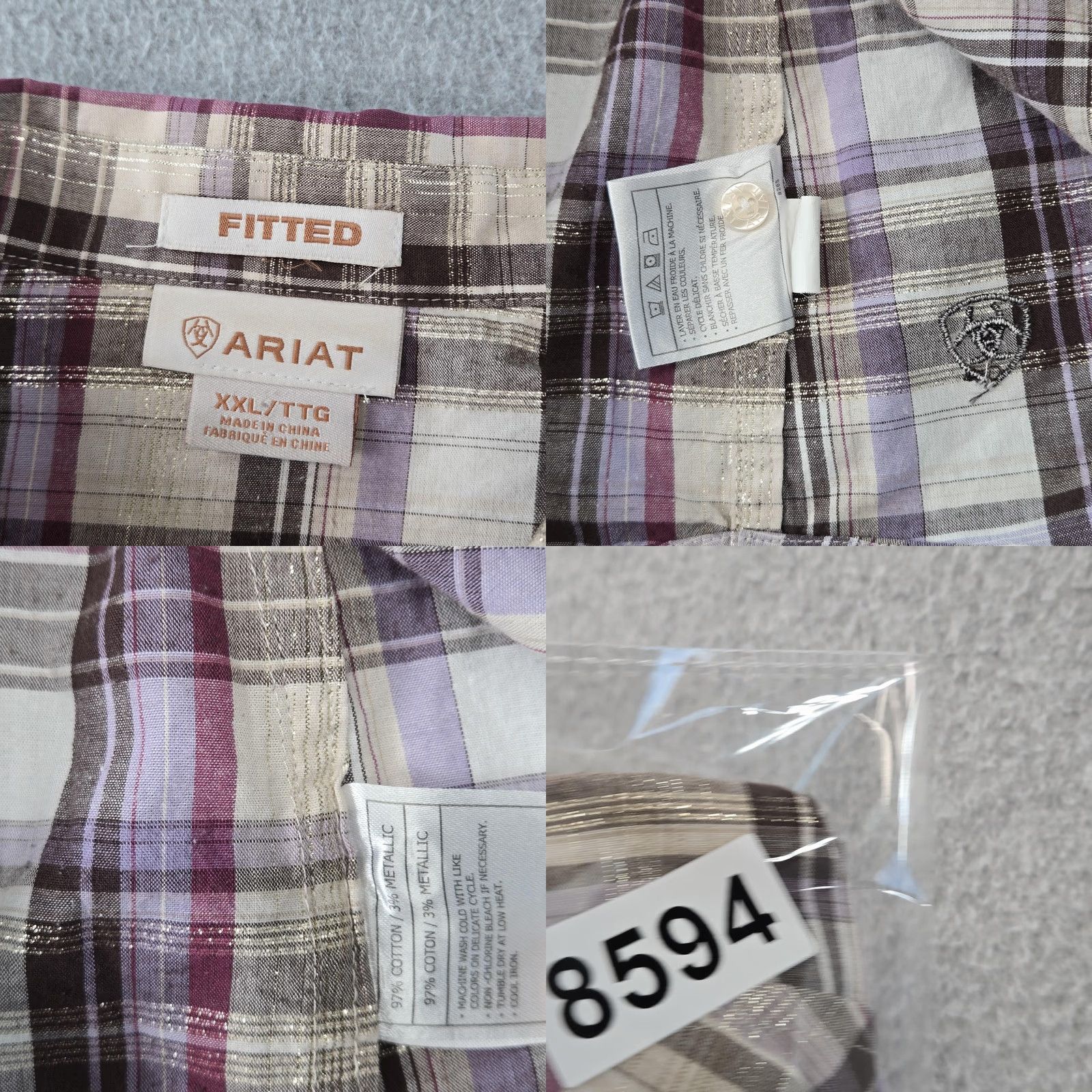 Ariat Ariat Button-Up Womens XXL Purple Plaid Fitted Embroidered Glitter Collared Shirt Size XXL / US 16-18 / IT 52-54 - 8 Thumbnail