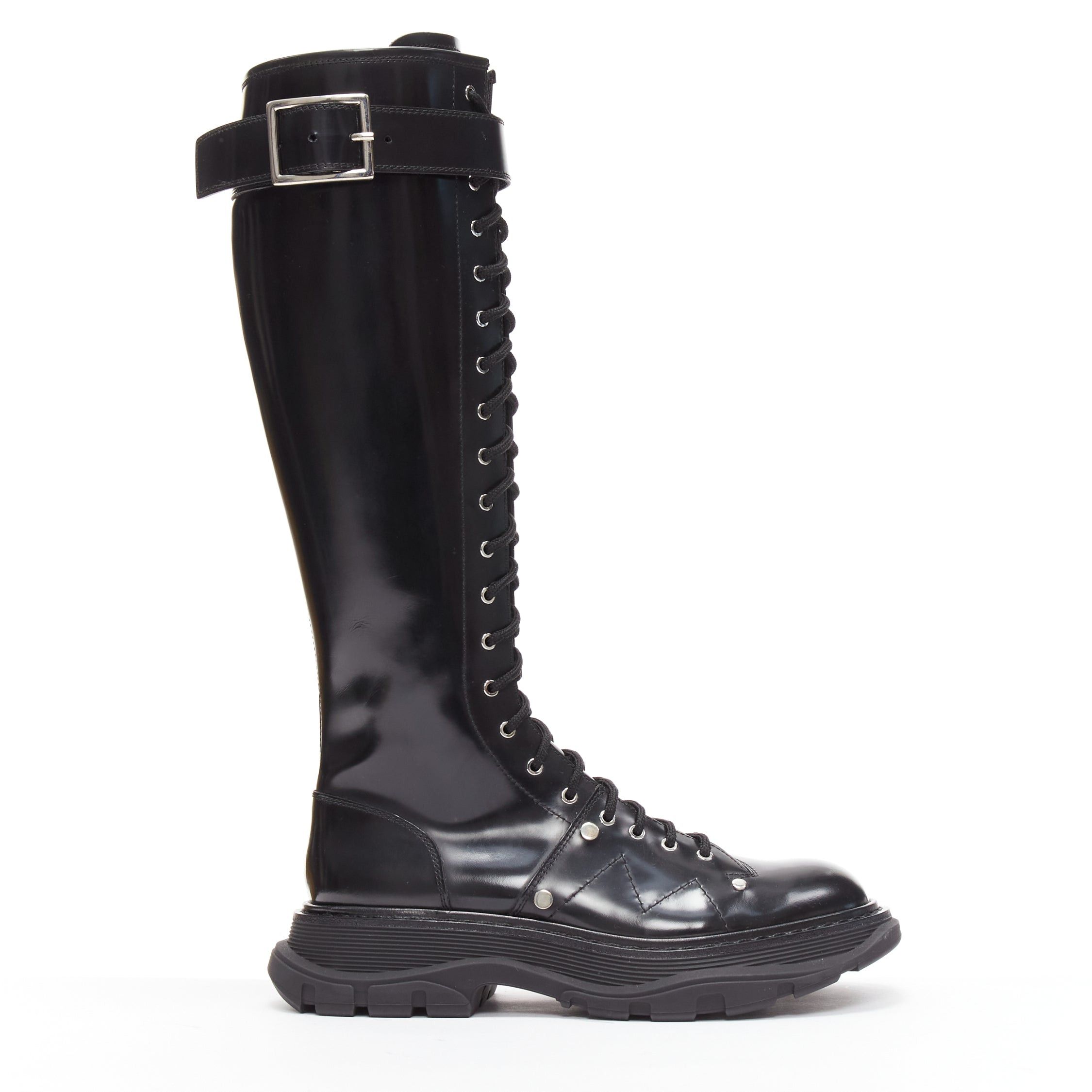 image of Alexander Mcqueen Tread Black Leather Lace Up Combat Knee High Boot Eu39, Women's