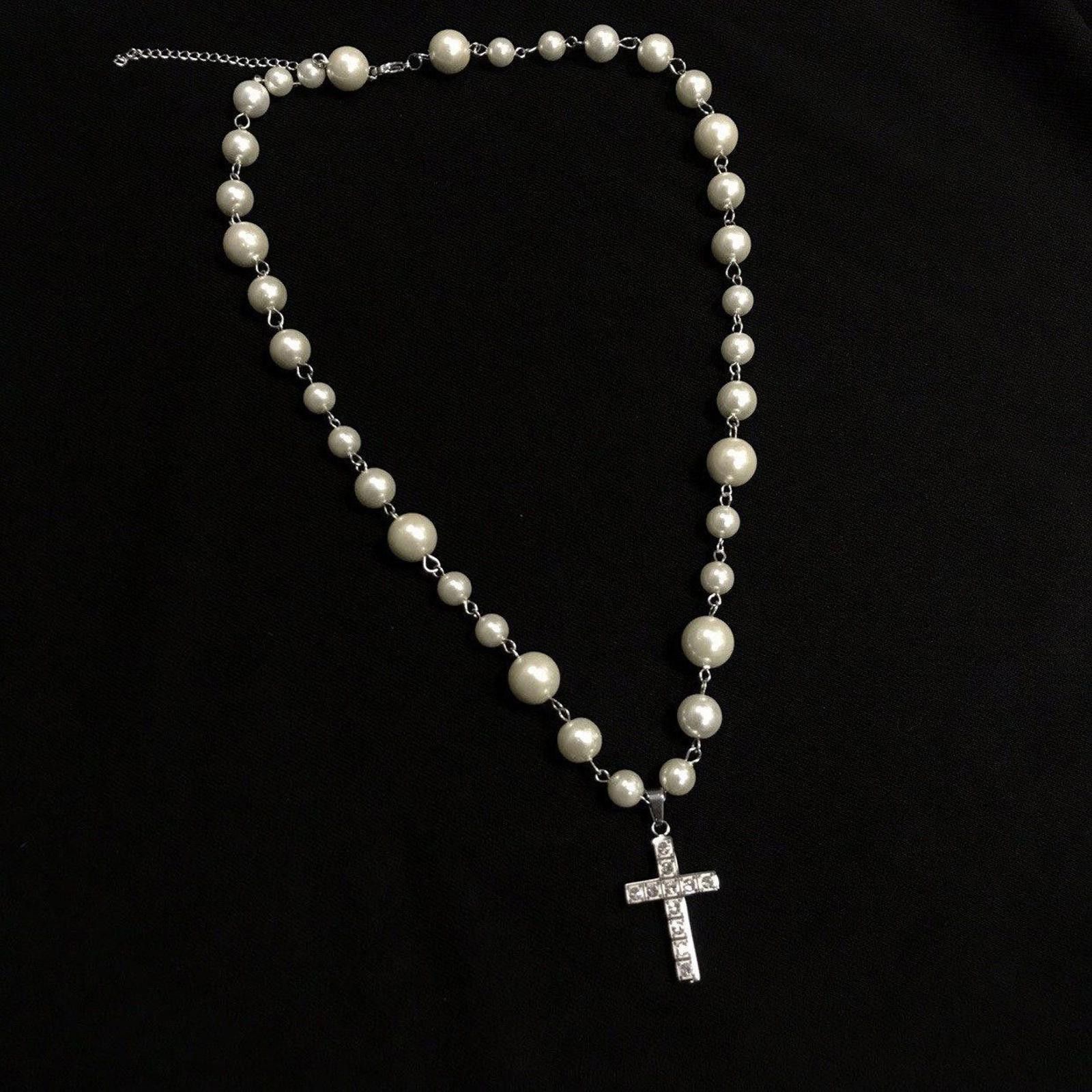 Jewelry Rhinestone Cross Pearl Pendant Necklace Size ONE SIZE - 3 Thumbnail