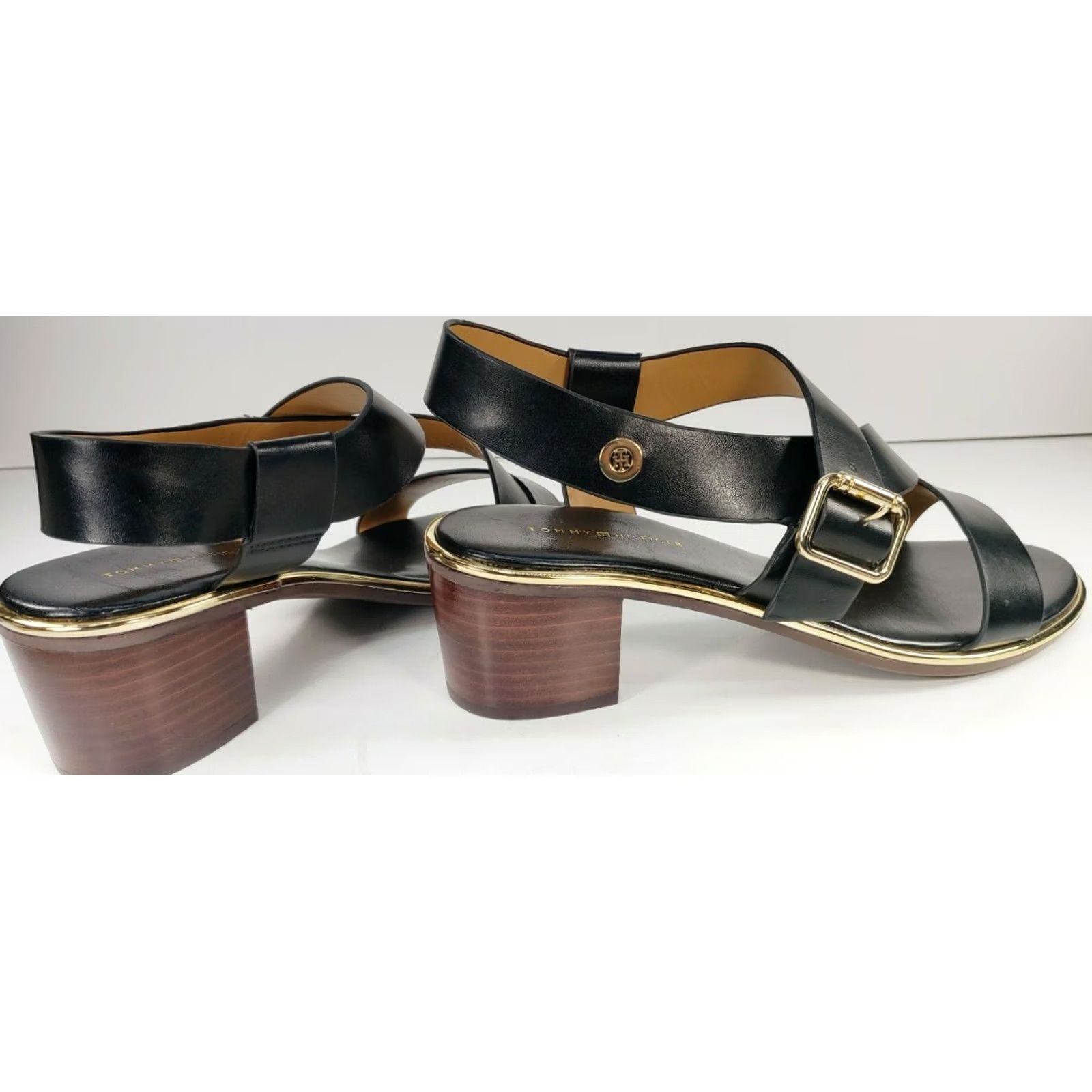 Tommy Hilfiger Tommy Hilfiger Konas Women's Sandal T-Strap Black Leather 9M Heel Low Block Strappy Size US 9 / IT 39 - 3 Thumbnail