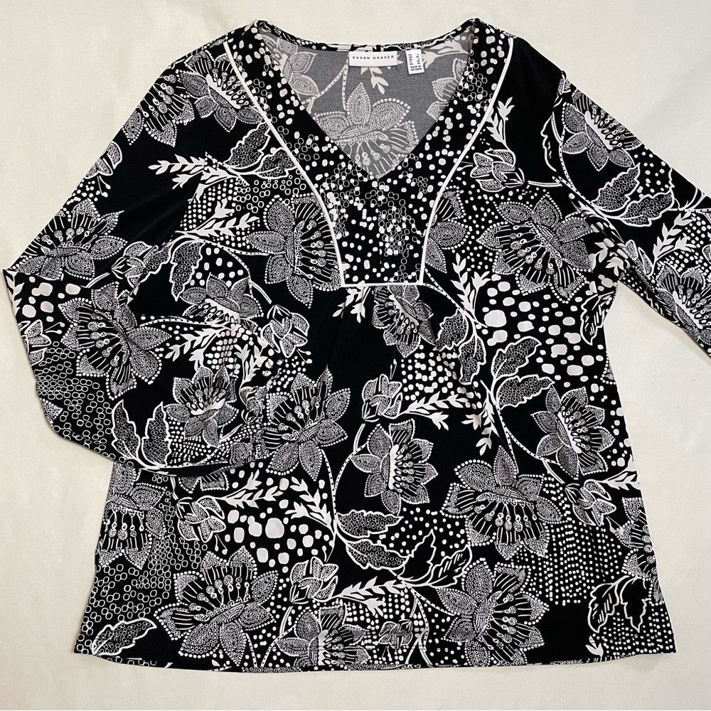 Other Susan Graver Floral Liquid Knit V-Neck Black White Tunic To Size L / US 10 / IT 46 - 5 Thumbnail