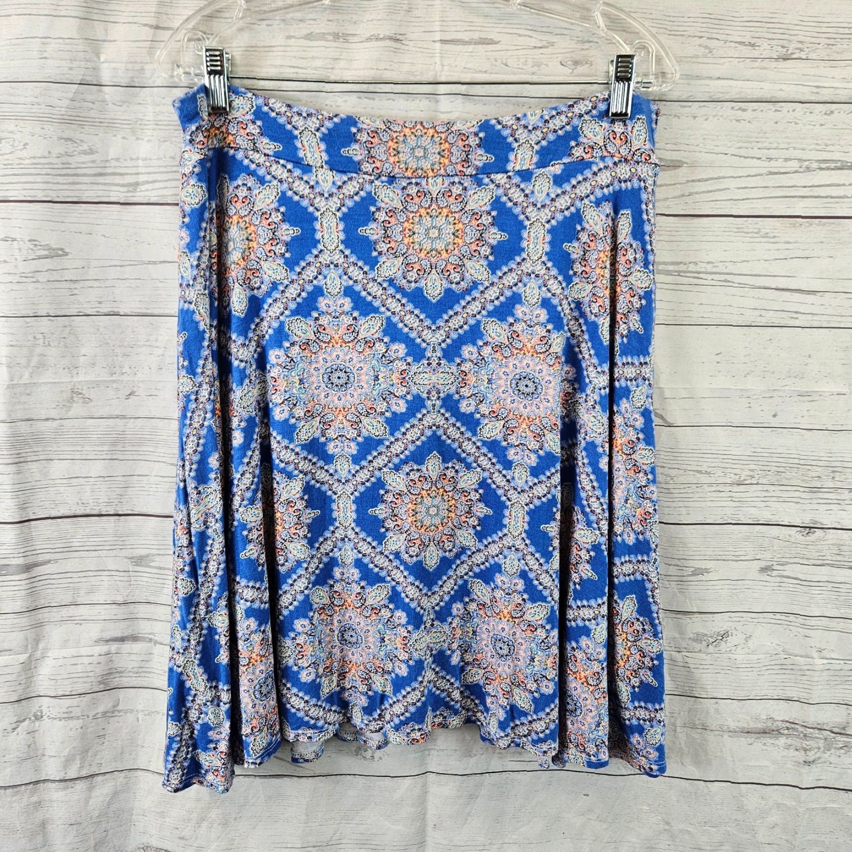 Vintage Renee C Skirt L Blue Orange Pull On A-Line Knee Length Rayon Blend Womens Size 36" / US 14 / IT 50 - 2 Thumbnail