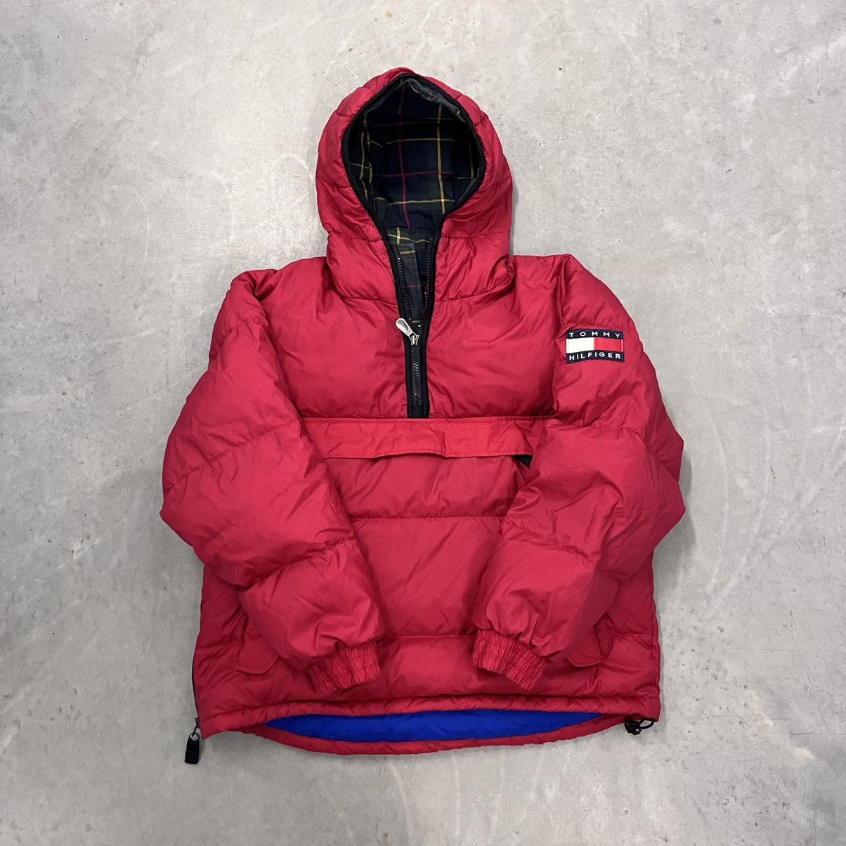 Red Tommy Hilfiger Puffer Hoodie Zip Up Rare hoodie style L