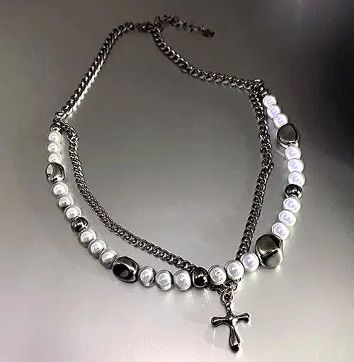 Vintage Punk Hippie Crucifix Cross Patchwork Pearl Layer Necklace Size ONE SIZE - 1 Thumbnail