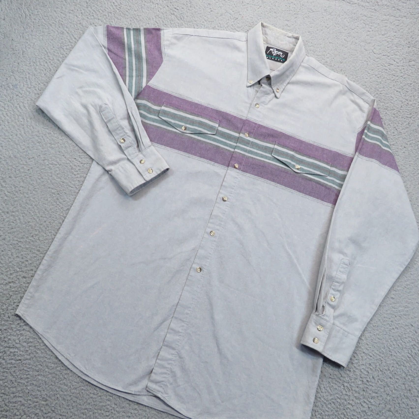 Roper VINTAGE Roper Shirt Mens XL Gray Green Purple Stripe Long Sleeve Western Button Down Shirt Size US XL / EU 56 / 4 - 4 Thumbnail