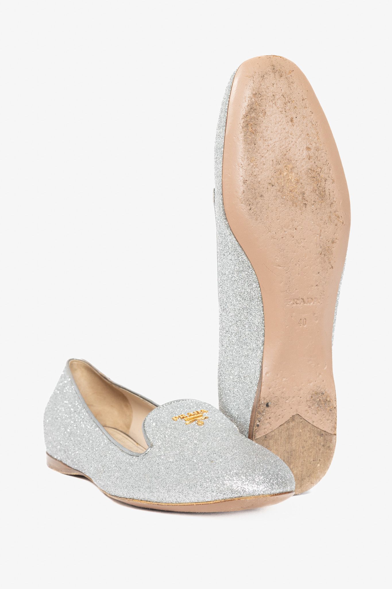 Prada Prada Argento Glitter Logo Hidden-Wedge Loafers Size US 9.5 / IT 39.5 - 5 Thumbnail