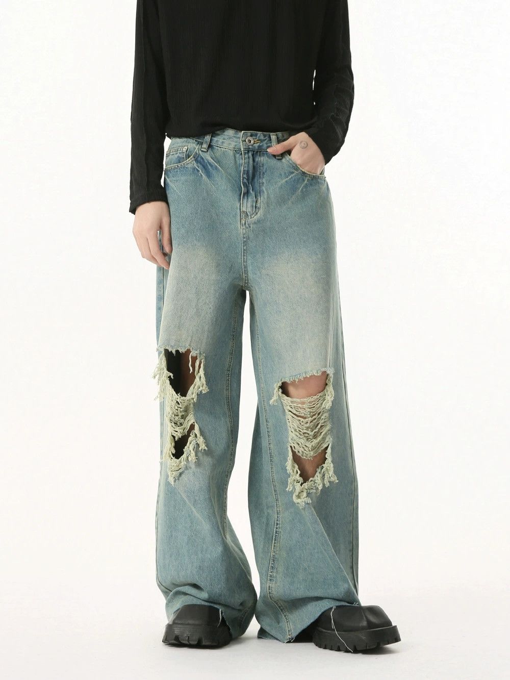 Vintage Men's Retro Punk Distressed Straight Leg Ripped Jeans Size US 32 / EU 48 - 1 Thumbnail