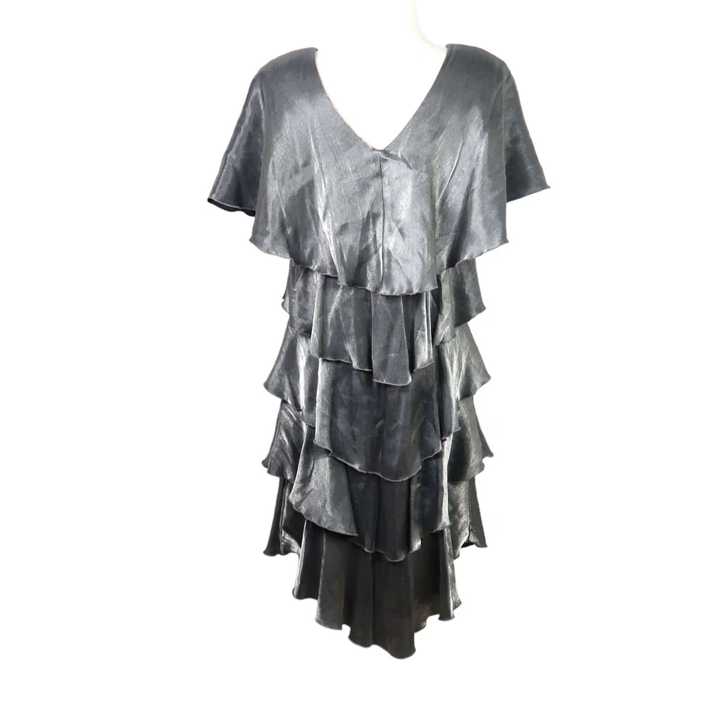 Vintage VINTAGE Patra dress M silver grey metallic 90s tiered knee length frilly Size M / US 6-8 / IT 42-44 - 4 Thumbnail