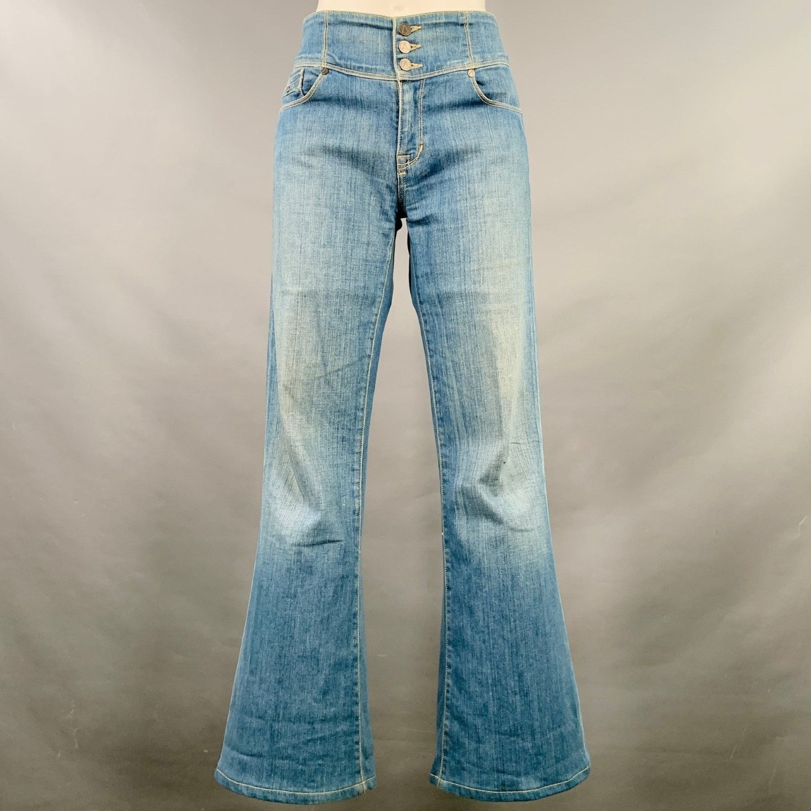 29 Blue Cotton Blend Washed Five Pockets Flared Jeans