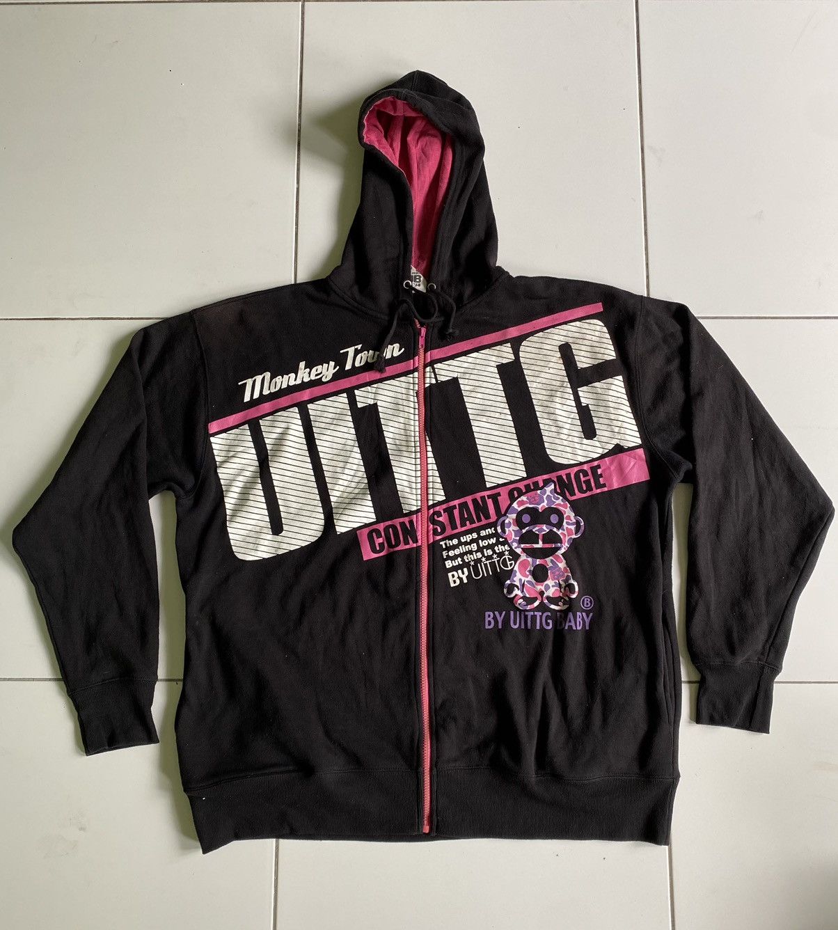 image of Vintage Monkey Town By Uittg Baby Pink Zipup Hoodies Black Sweaters, Women's (Size 2XL)