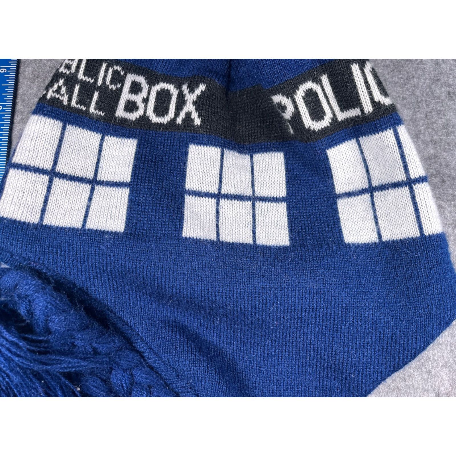 Vintage Dr Who Beanie Toque Adult One Size Blue Police Box Acrylic Ear Flap Tassel Pom Size ONE SIZE - 3 Thumbnail
