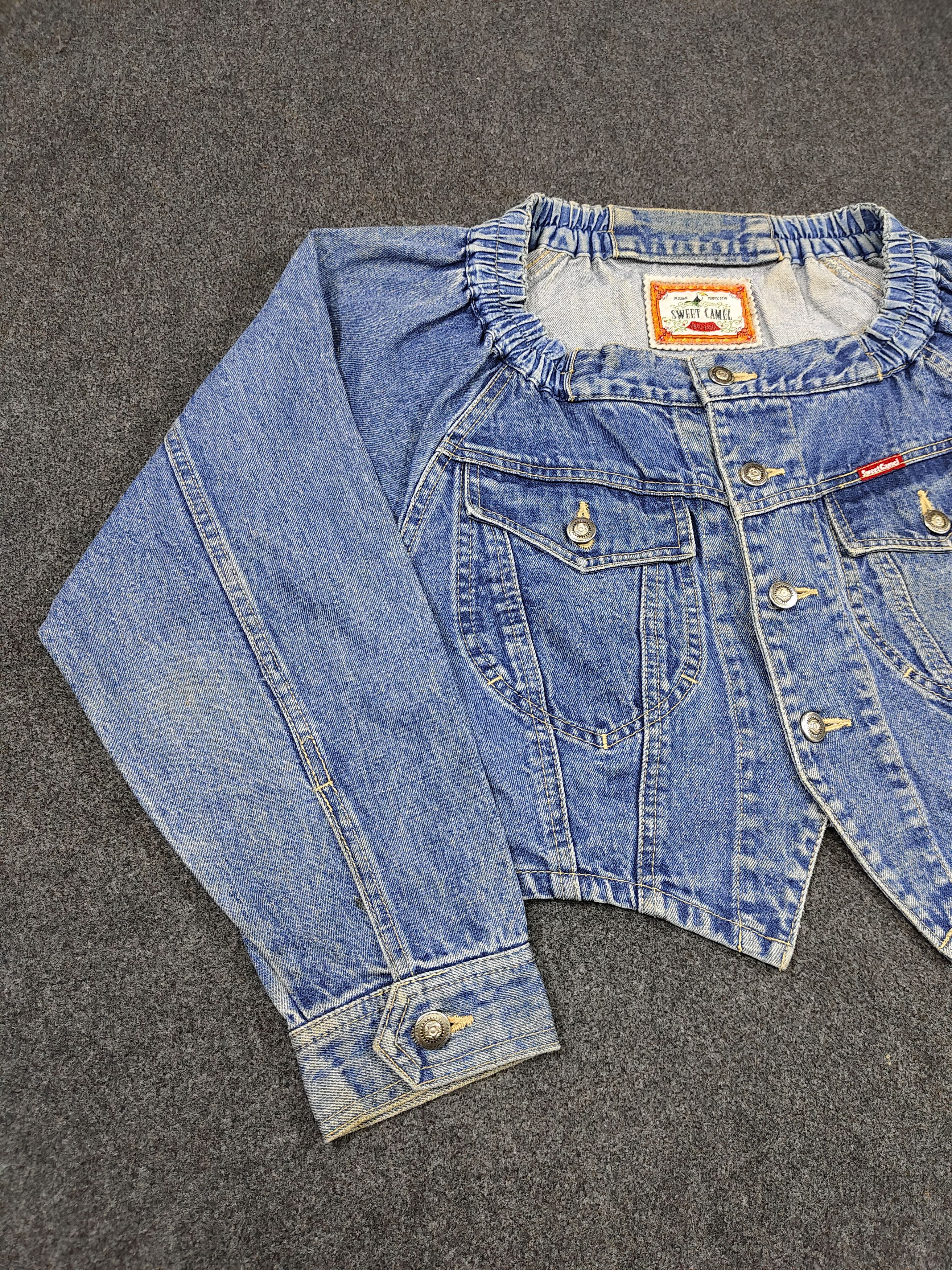 Japanese Brand 90s Sweat Camel- Off Shoulder Y2K Cropped Denim Jacket Size M / US 6-8 / IT 42-44 - 3 Thumbnail