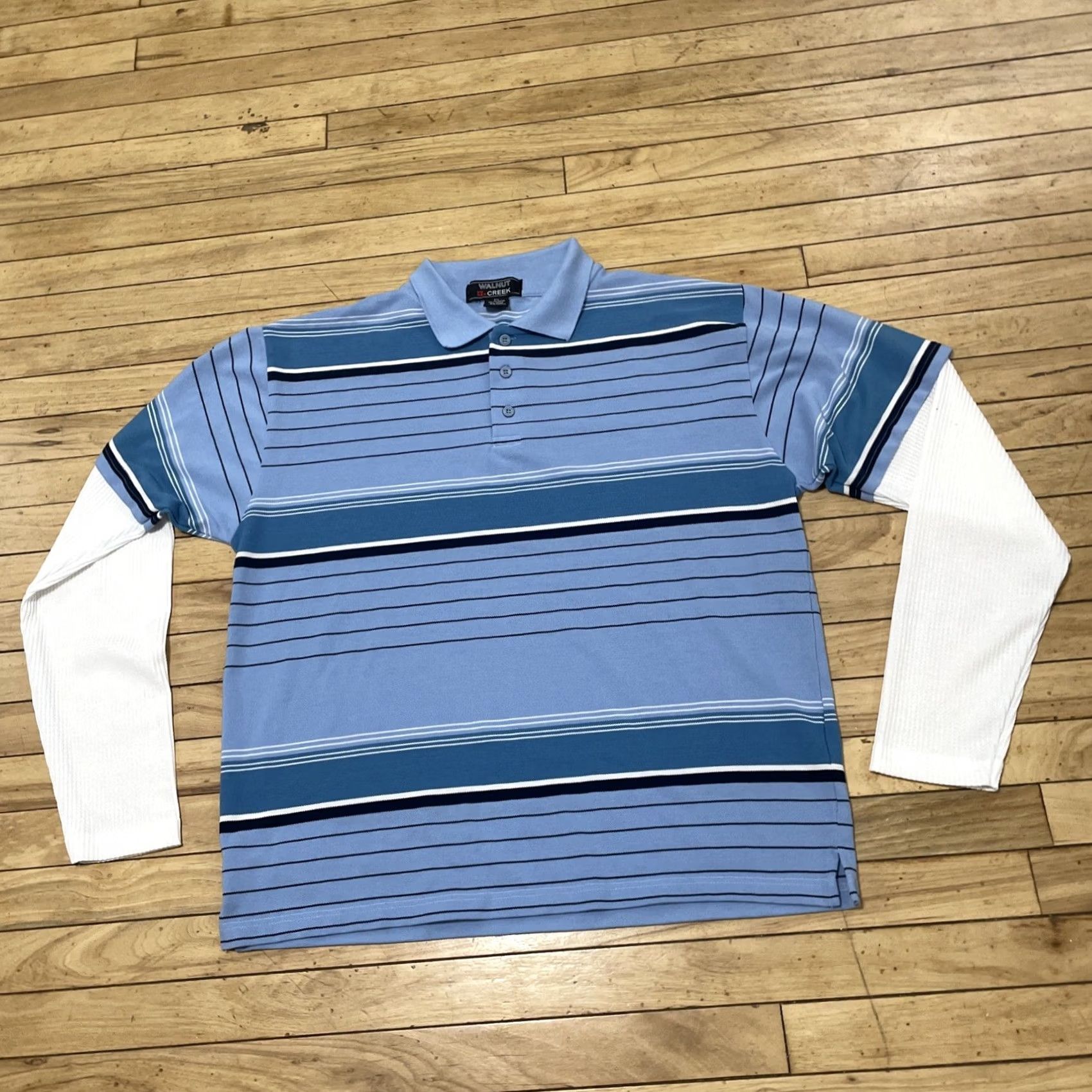 Vintage Walnut Creek Shirt Men 2XL Blue Black Striped White Layered Rugby Sleeves XXL Short Sleeve Size US XXL / EU 58 / 5 - 4 Thumbnail