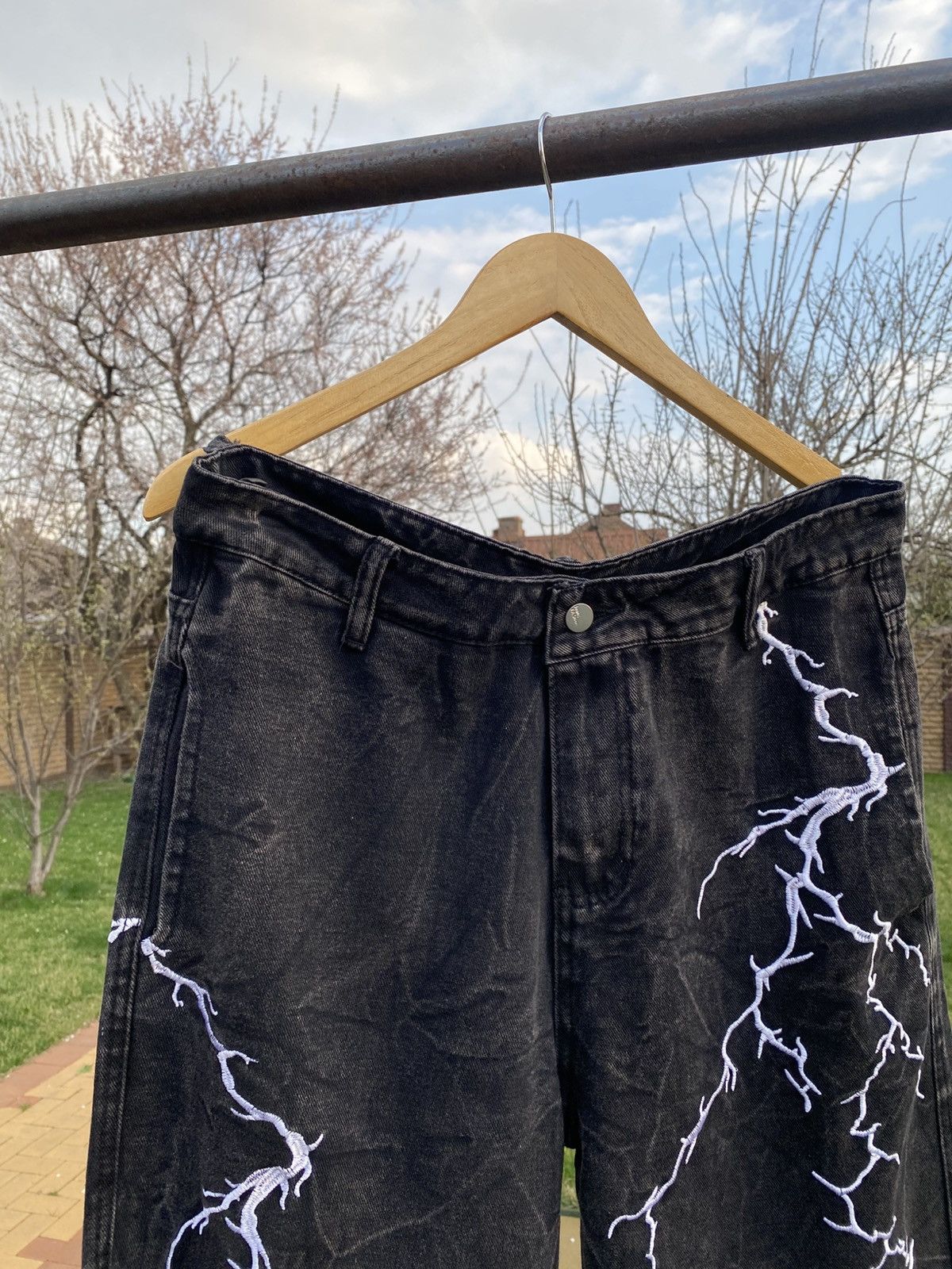 Vintage Black wide-leg jeans with lightning embroidery, Y2K, size L Size US 34 / EU 50 - 3 Thumbnail