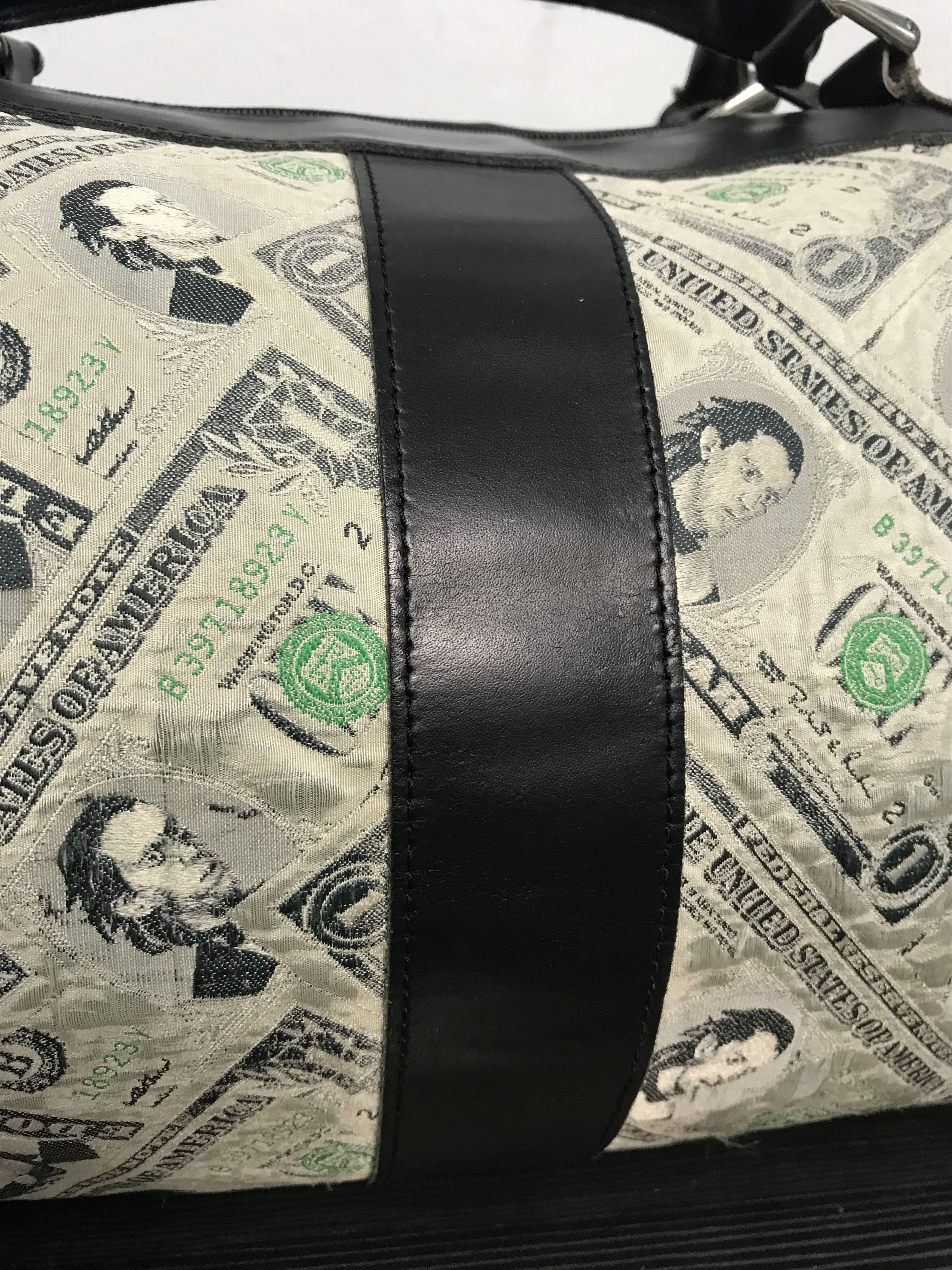 Jeremy Scott × Vintage Vintage Jeremy Scott Printed Money Half Leather Duffle Bag Size ONE SIZE - 10 Thumbnail