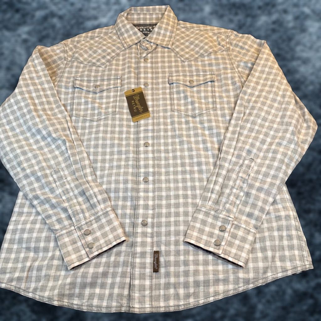 Wrangler VINTAGE Wrangler Retro Premium Grey White Gingham Western Pearl Snap Shirt Men Large NWT Size US L / EU 52-54 / 3 - 1 Thumbnail