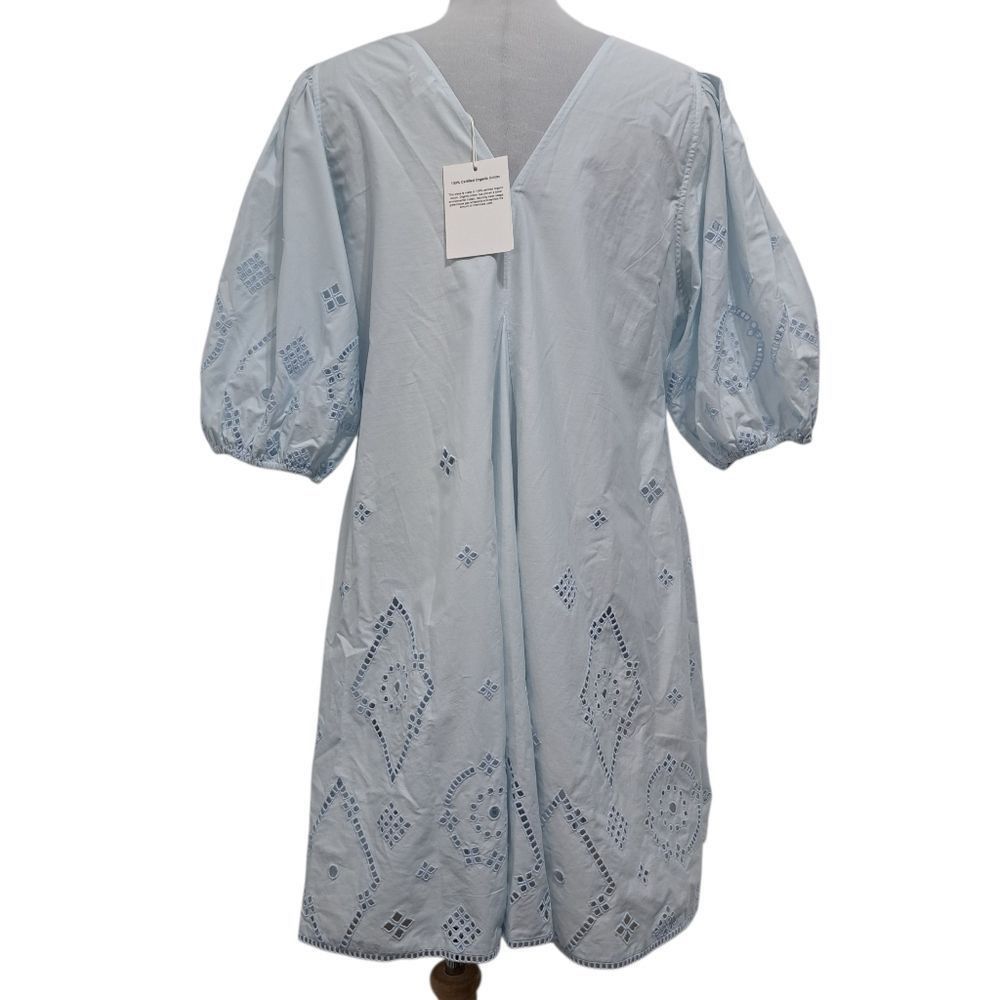 Ganni Ganni Broderie Anglaise Puff Sleeve Organic Cotton Mini Dres Size L / US 10 / IT 46 - 4 Thumbnail