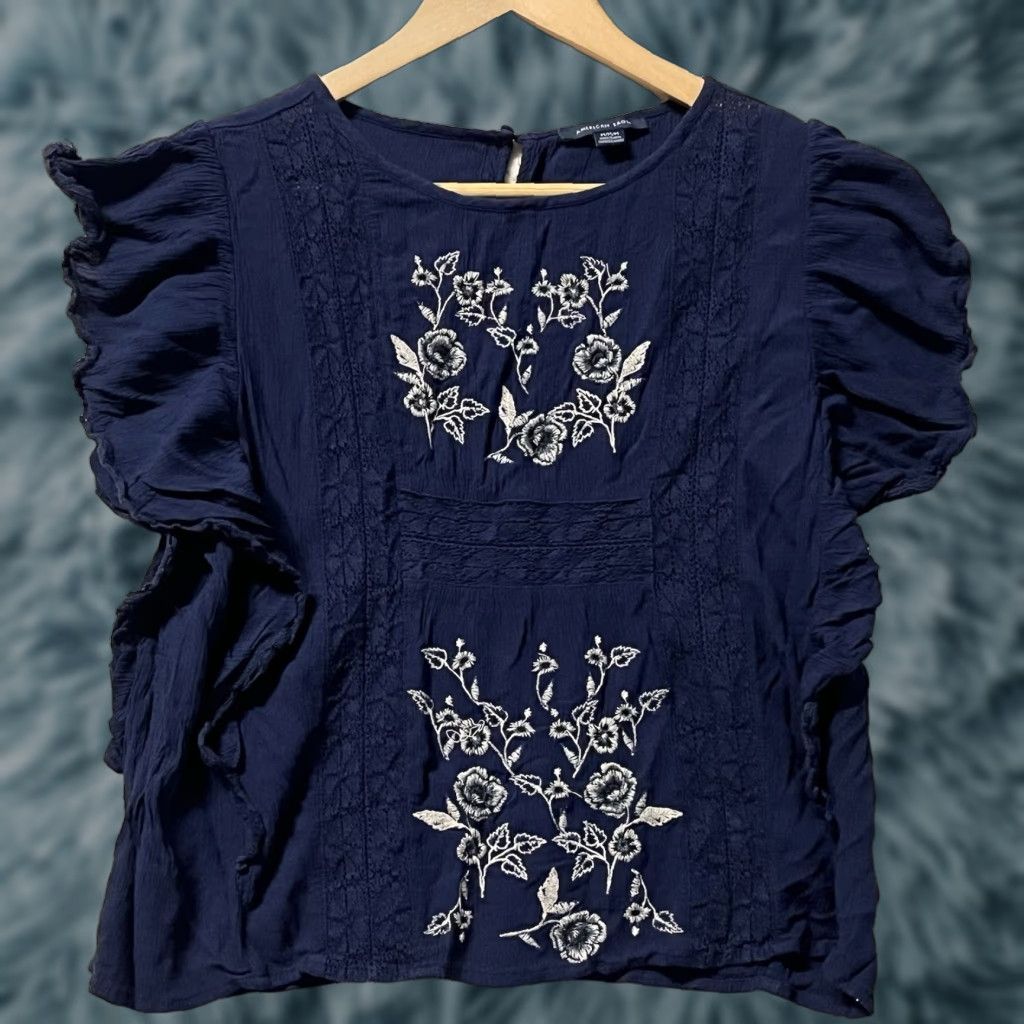 Vintage American Eagle Blouse Women M Navy Blue Embroidered Peasant Top Size M / US 6-8 / IT 42-44 - 1 Thumbnail