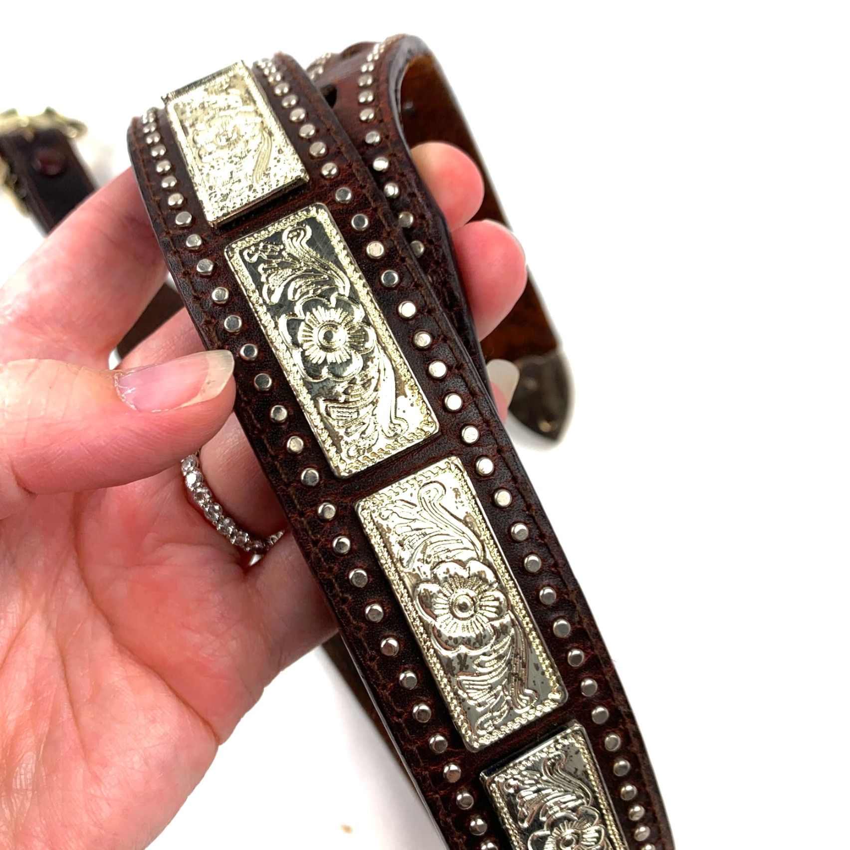 Vintage Nocona Belt Studded Floral Brown Leather 42 Men P910-0475 2.5in (47.5in) Gold Tone Concho Accent 1.25in Wide Size 42 - 2 Thumbnail