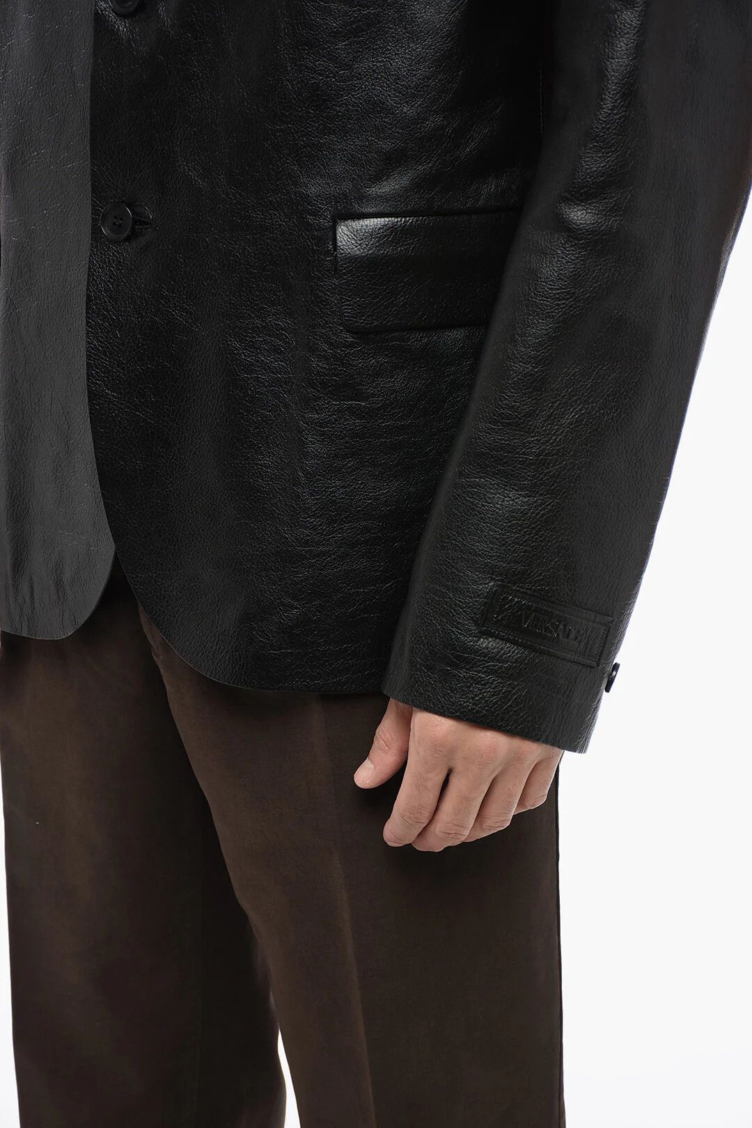Versace og1mm0426 Hammered Leather Single-Breasted Blazer in Black Size US M / EU 48-50 / 2 - 3 Thumbnail