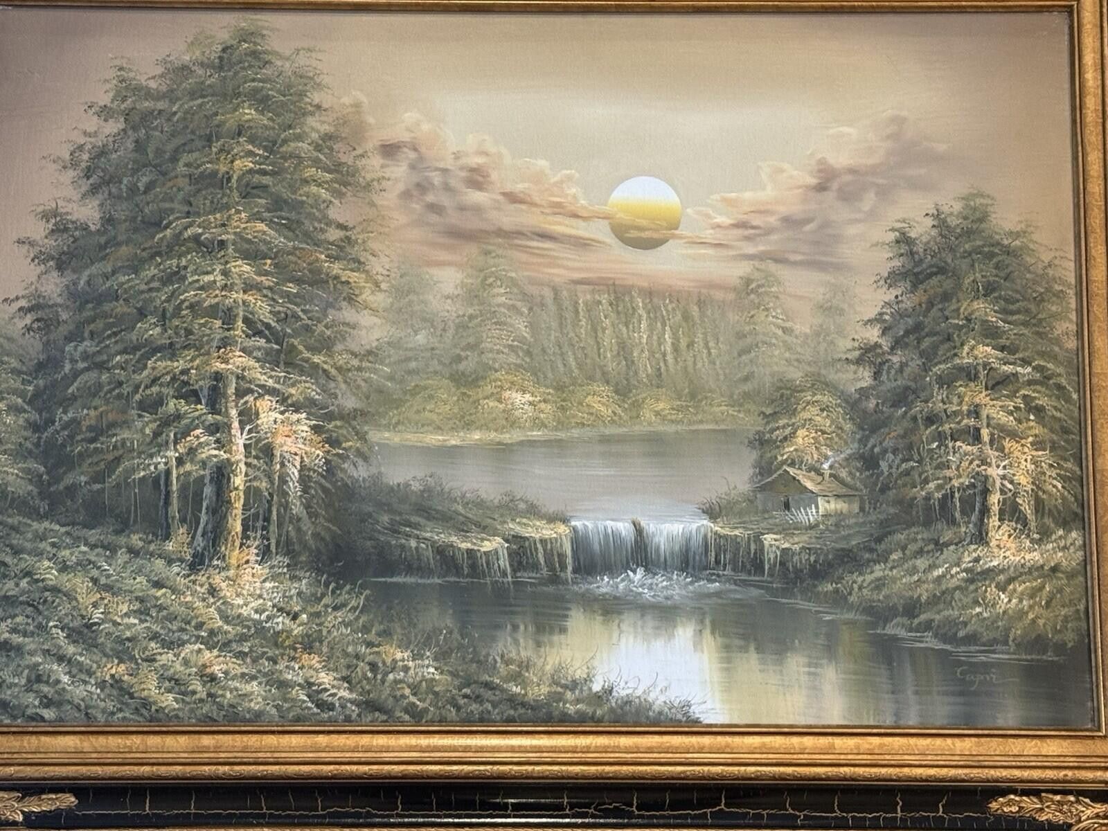 Other Original Signed “Capri” Oil Painting Forest Lake Cabin Water Size ONE SIZE - 4 Thumbnail