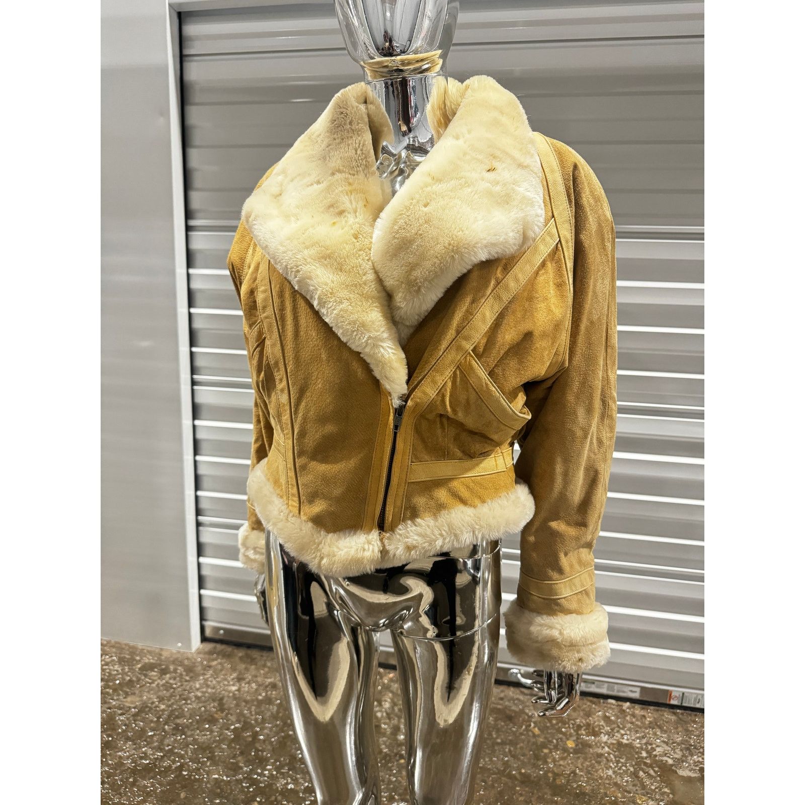 Cream Shearling Cropped Leather Jacket