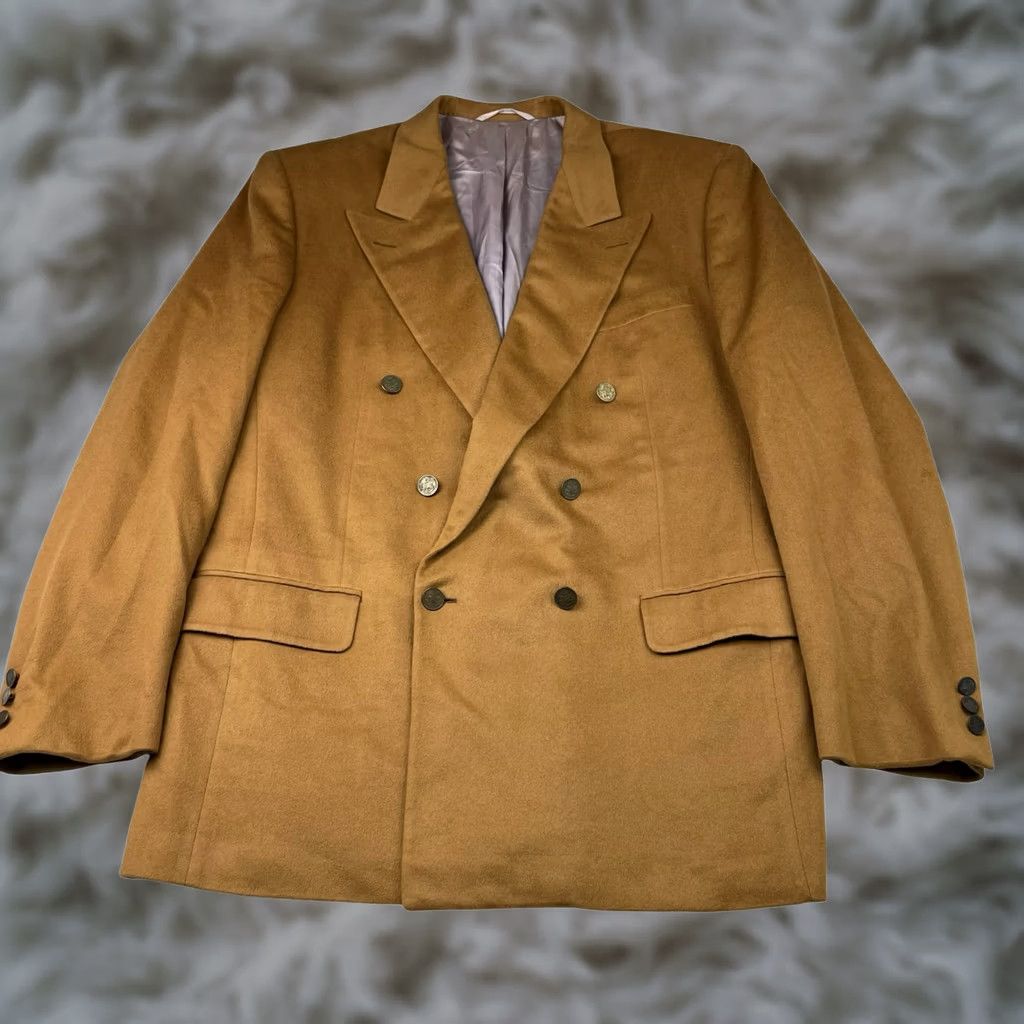 Vintage Hickey Freeman Blazer Men's London 100% Cashmere Double Breasted Khaki/Tan 44L Size 44R - 1 Thumbnail