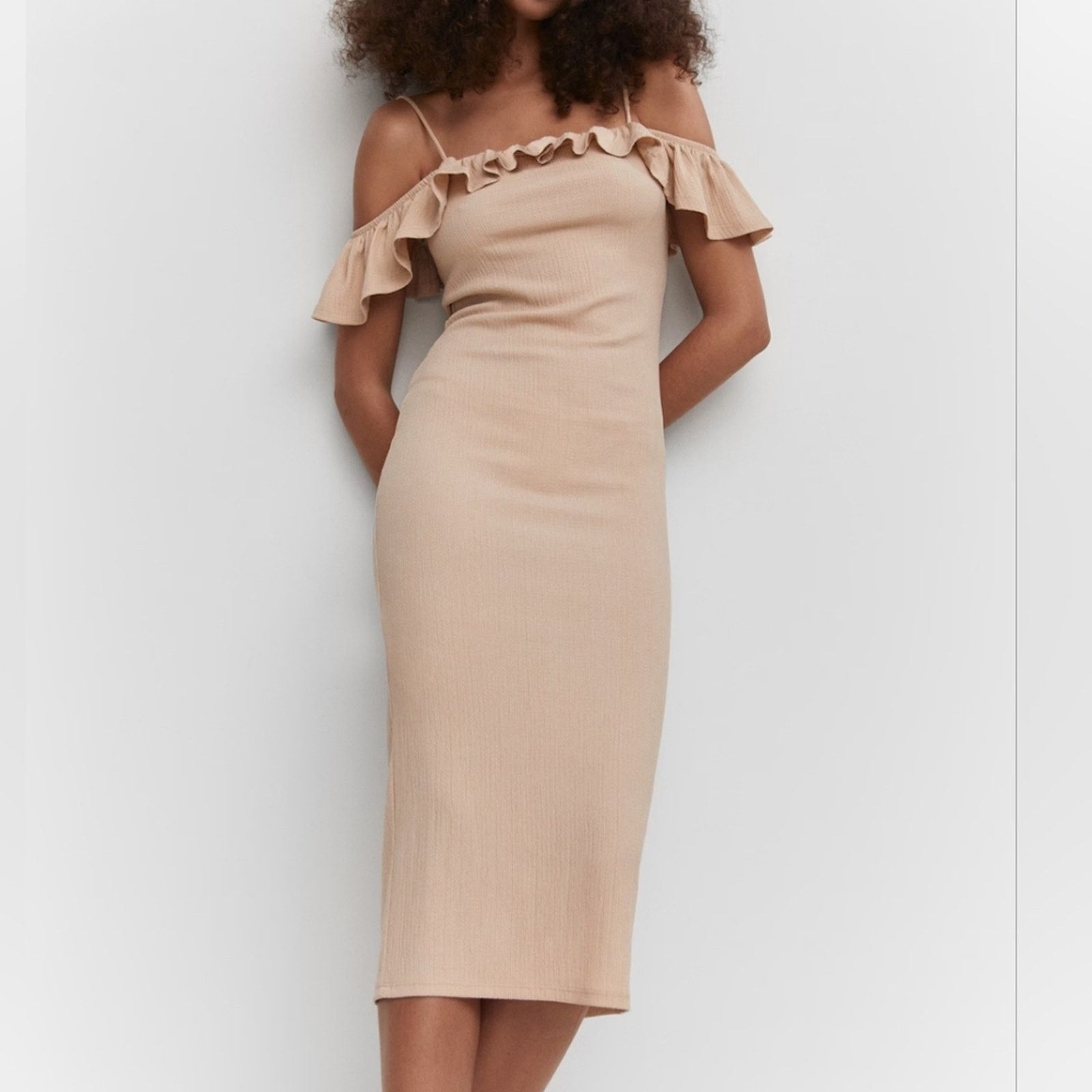 Mango Mango Janice Bone Nude Ruffle Sleeveless Midi Dress 6 NWT Size M / US 6-8 / IT 42-44 - 3 Thumbnail