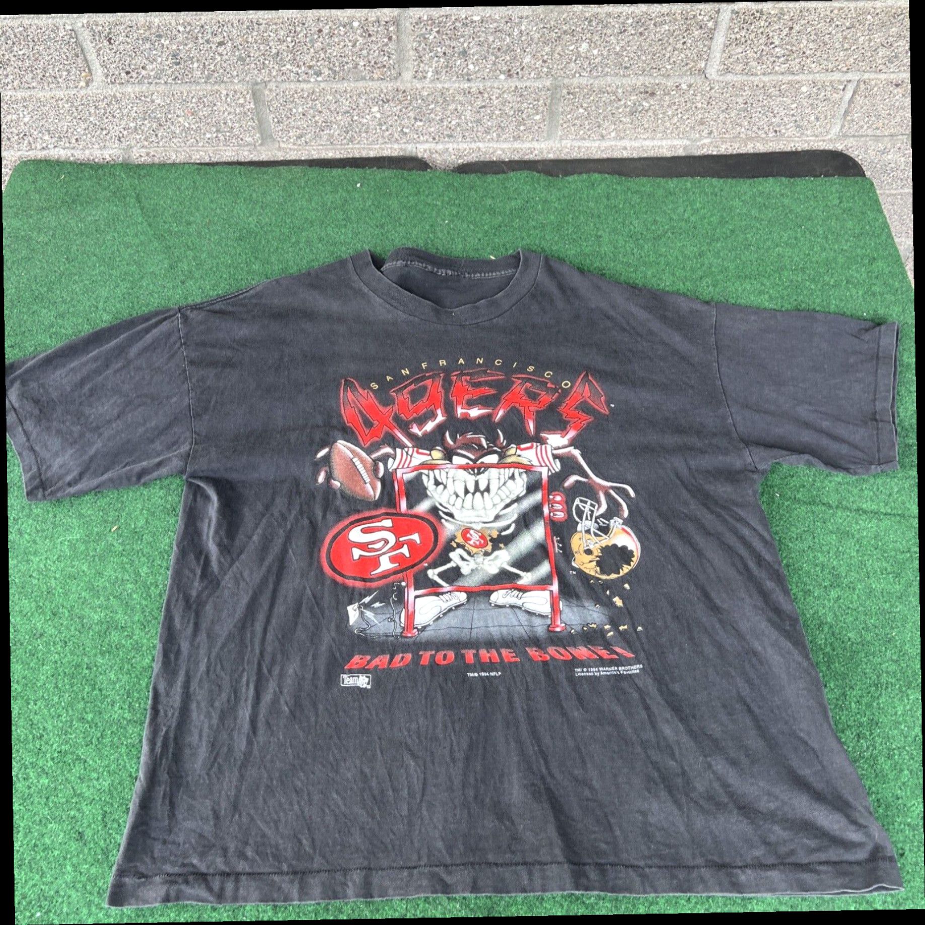 Vintage Vintage 49ers Taz Looney Tunes T Shirt Bad To the Bone All Over Print 1994 Rare Size US XXL / EU 58 / 5 - 1 Thumbnail