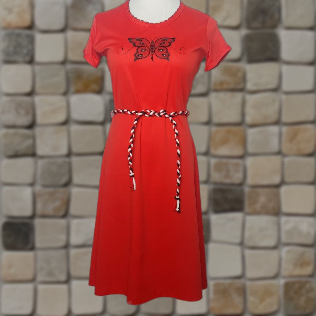 Vintage VINTAGE Womens S Butterfly Dress Embroidered Short Sleeve Braided Belt Stretch Dress Size 28" / US 6 / IT 42 - 1 Thumbnail