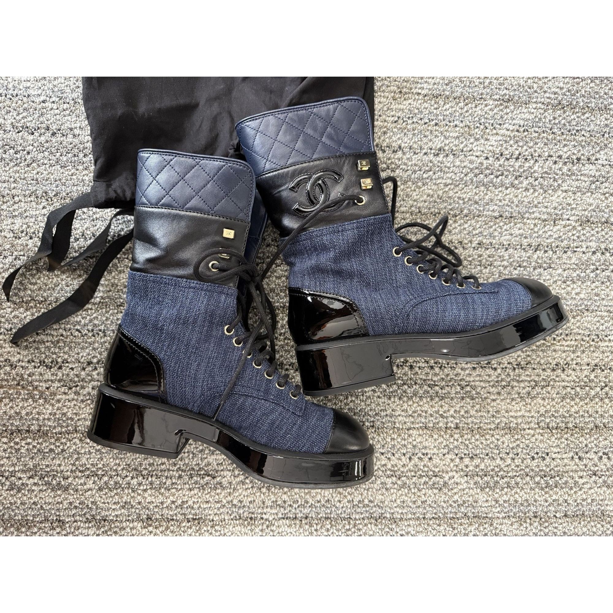 Chanel Chanel Womens Blue Denim & Black Patent Leather Combat Boots Size XS / US 0-2 / IT 36-38 - 4 Thumbnail
