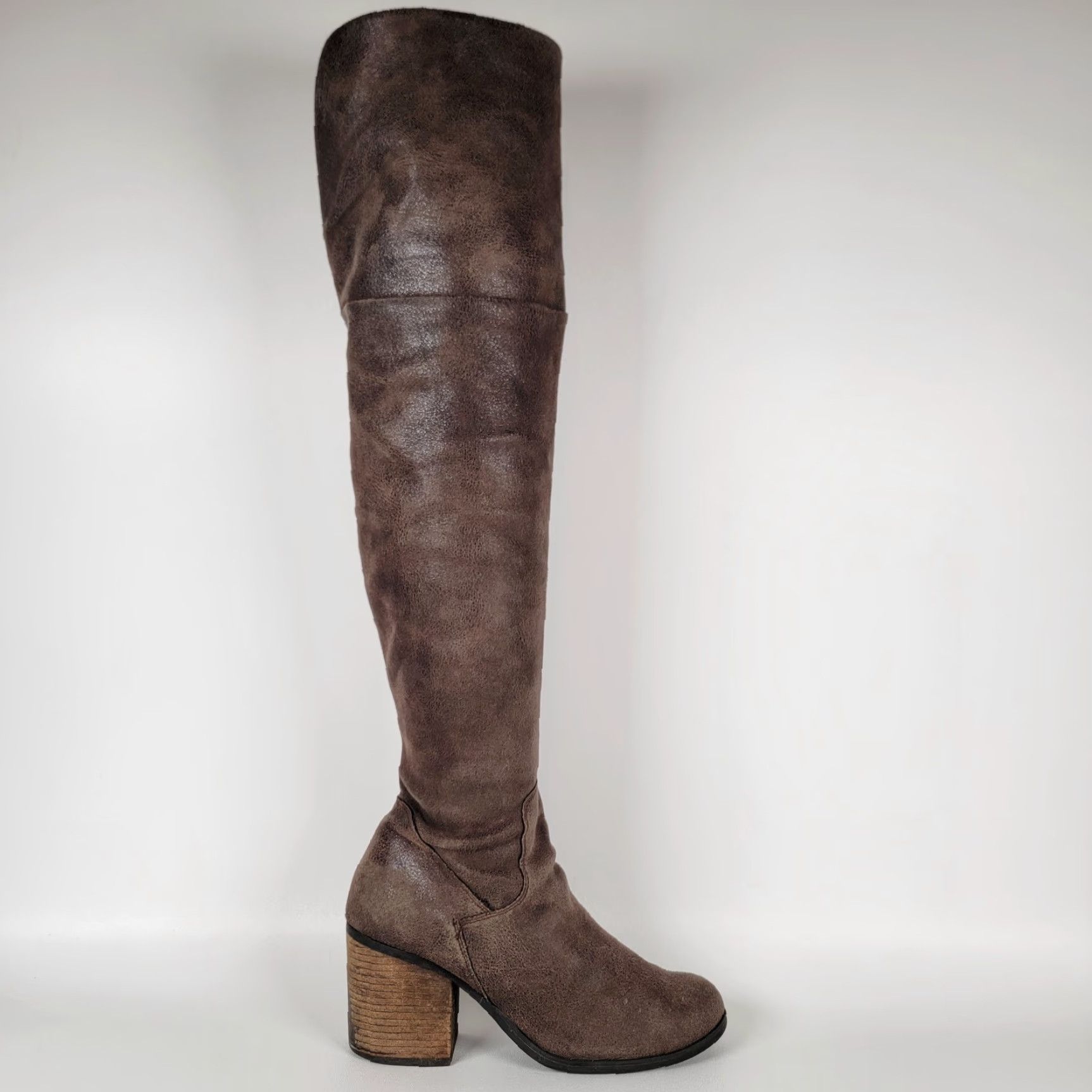 Vintage Hinge Over The Knee Brown Faux Leather Grunge Boot Pull On Women's 8M Heel Western Block Styling Size US 8 / IT 38 - 5 Thumbnail