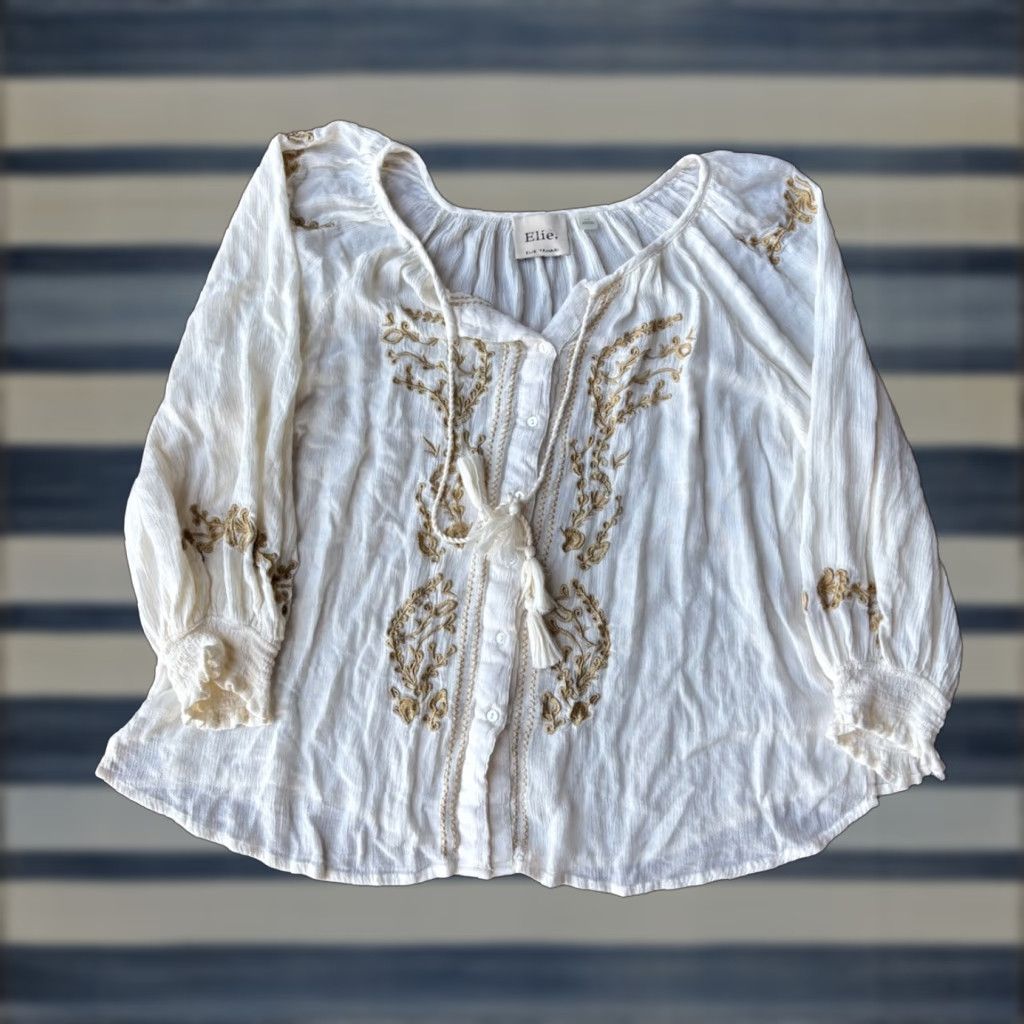 Elie Tahari Elie Tahari Blouse Shirt Long Sleeve Button Embroidered Boho Floral Women's L Tan Size L / US 10 / IT 46 - 1 Thumbnail