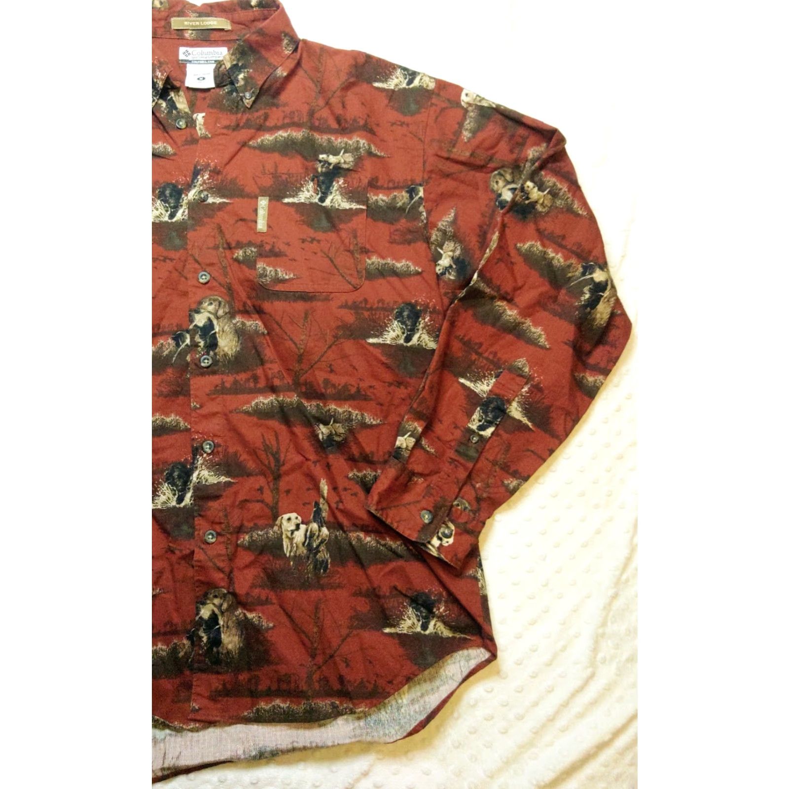 Vintage Columbia River Lodge Shirt Mens M Rust Red Corduroy Button-Down Dog Hunting Animal Print Size US M / EU 48-50 / 2 - 5 Thumbnail
