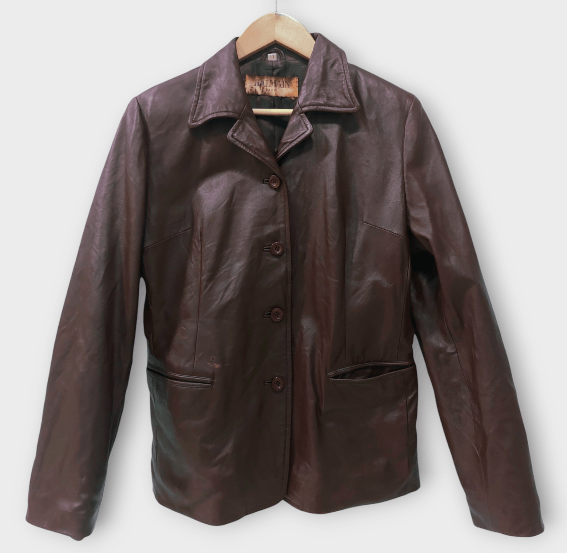 image of Vintage Balmain Paris Leather Jacket in Dark Maroon, Men's (Size Small)