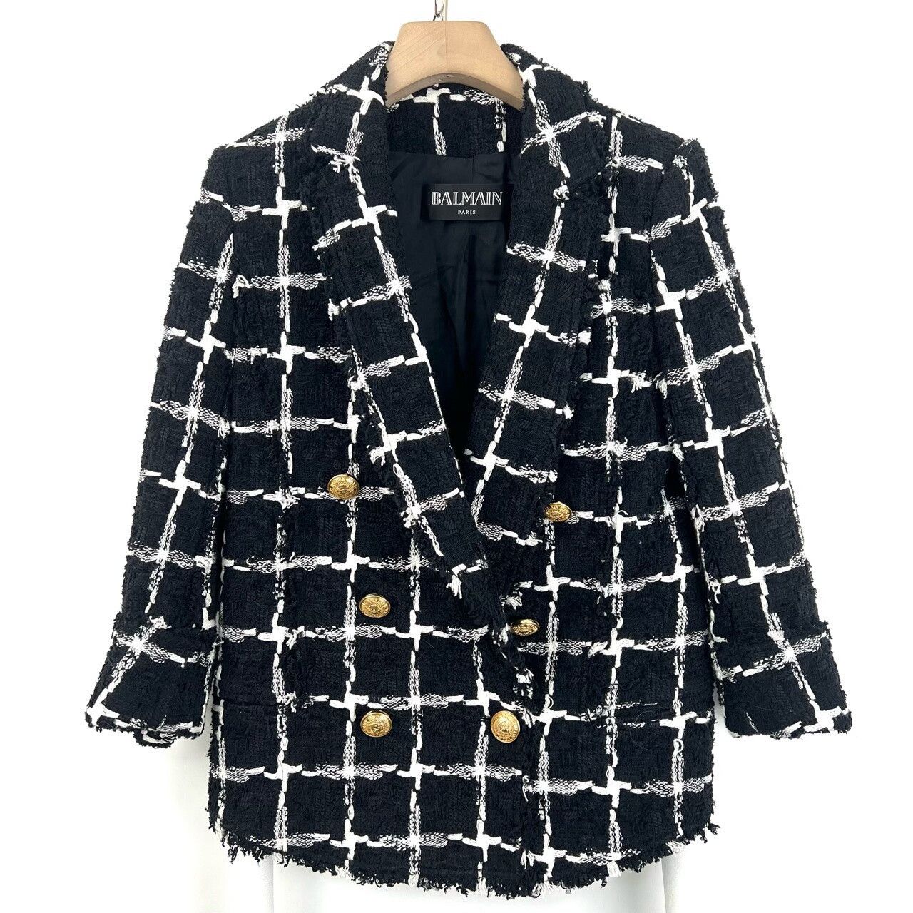 Balmain Balmain Black White Plaid Woven Gold Button Coat Size S / US 4 / IT 40 - 1 Thumbnail