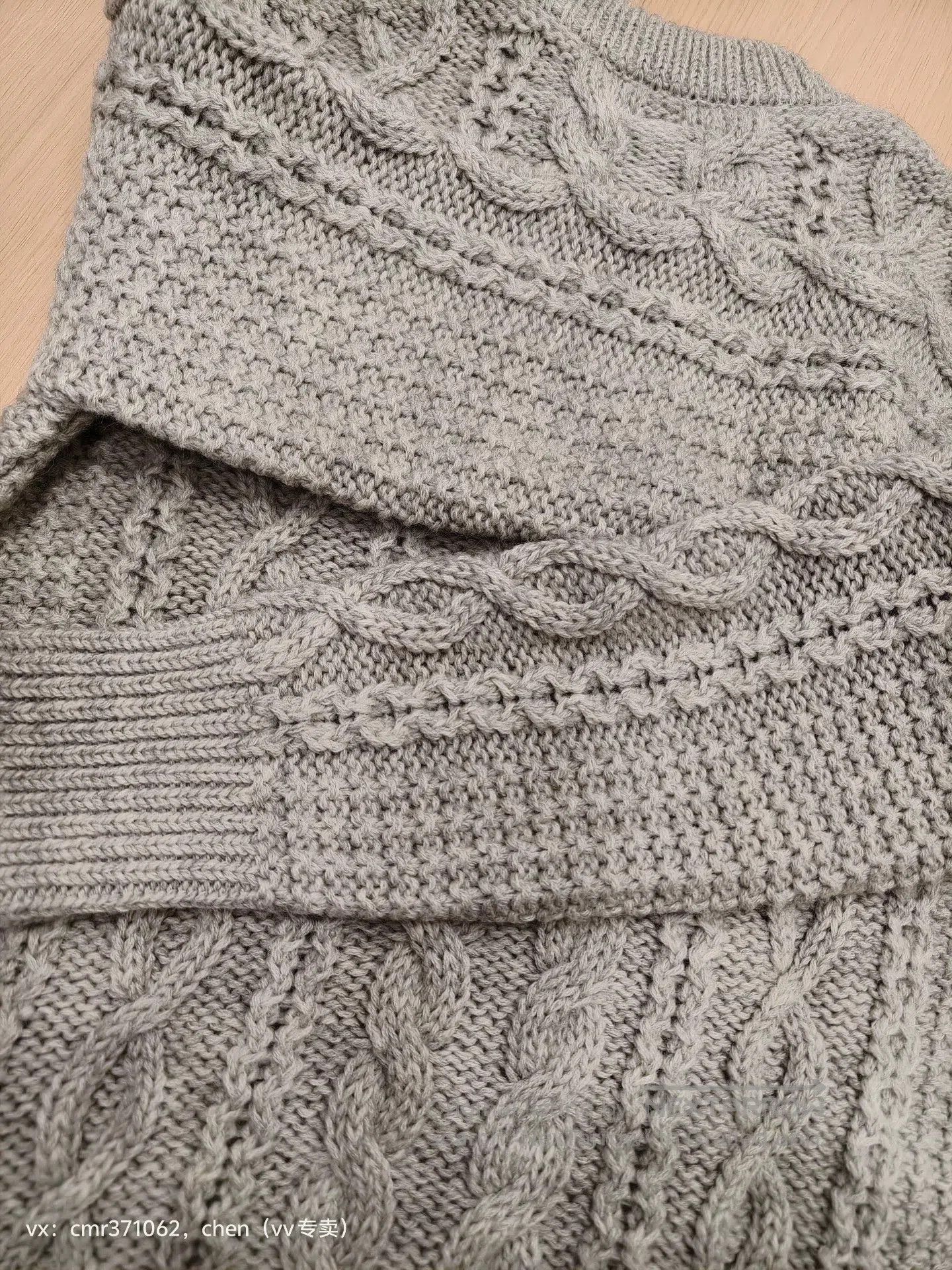 Visvim Gray Cable Knit Sweater with Striped Sleeves (L). Size US L / EU 52-54 / 3 - 6 Thumbnail
