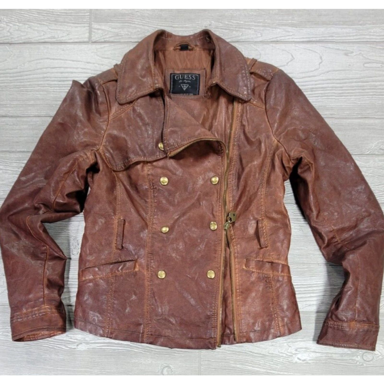 Guess GUESS Motorcycle Jacket Women Brown Full Zip Button Medium M Leather Look Size M / US 6-8 / IT 42-44 - 4 Thumbnail