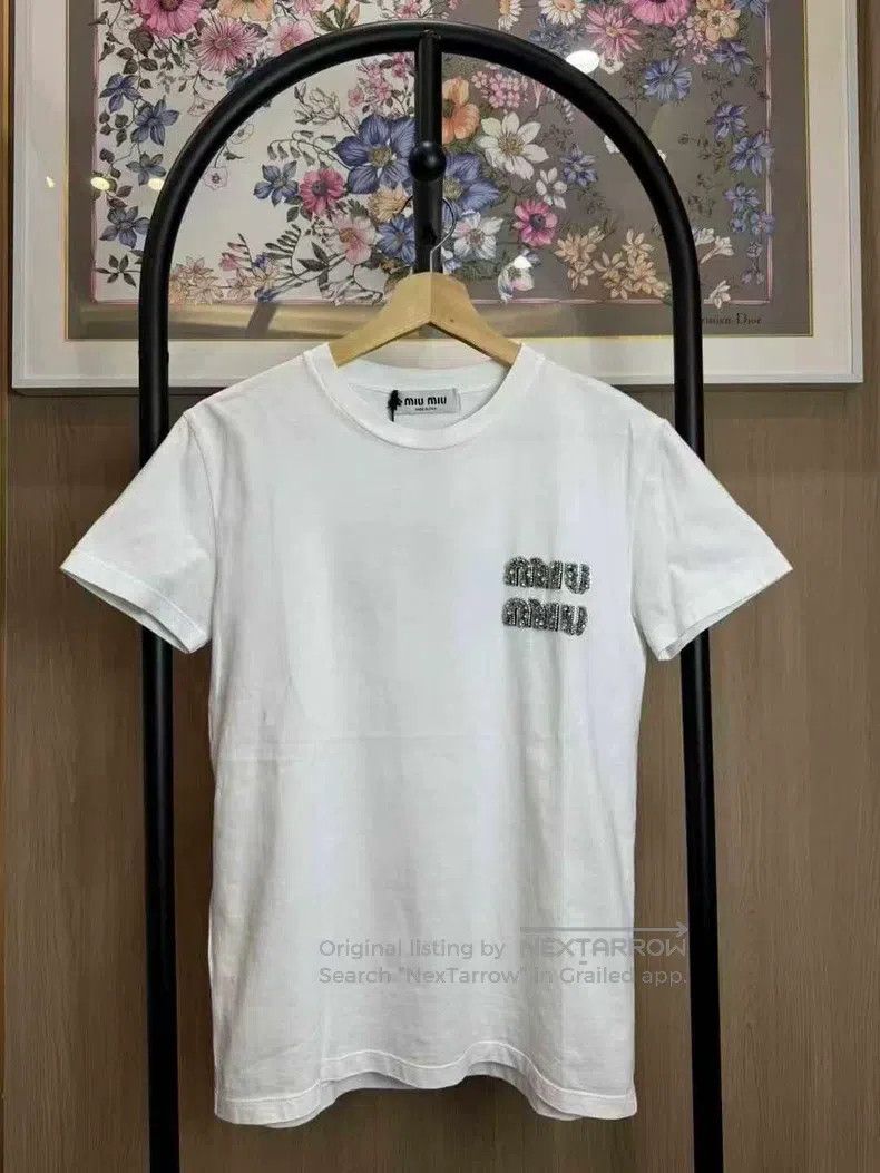 Miu Miu Miu Miu Size S New white rhinestone logo short sleeves Size S / US 4 / IT 40 - 1 Thumbnail