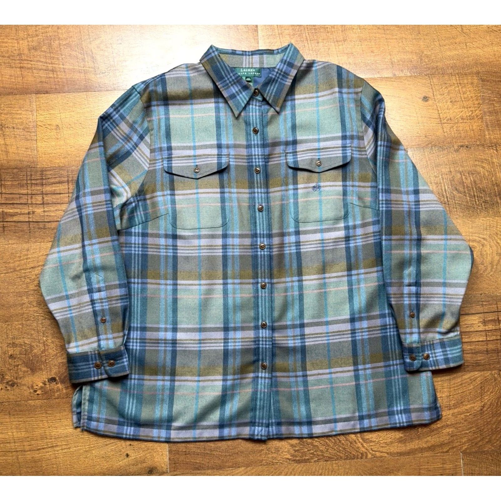 Ralph Lauren VINTAGE Lauren Ralph Lauren Shirt Women's 2X Green Navy Plaid Wool Button Up Size XXL / US 16-18 / IT 52-54 - 2 Thumbnail