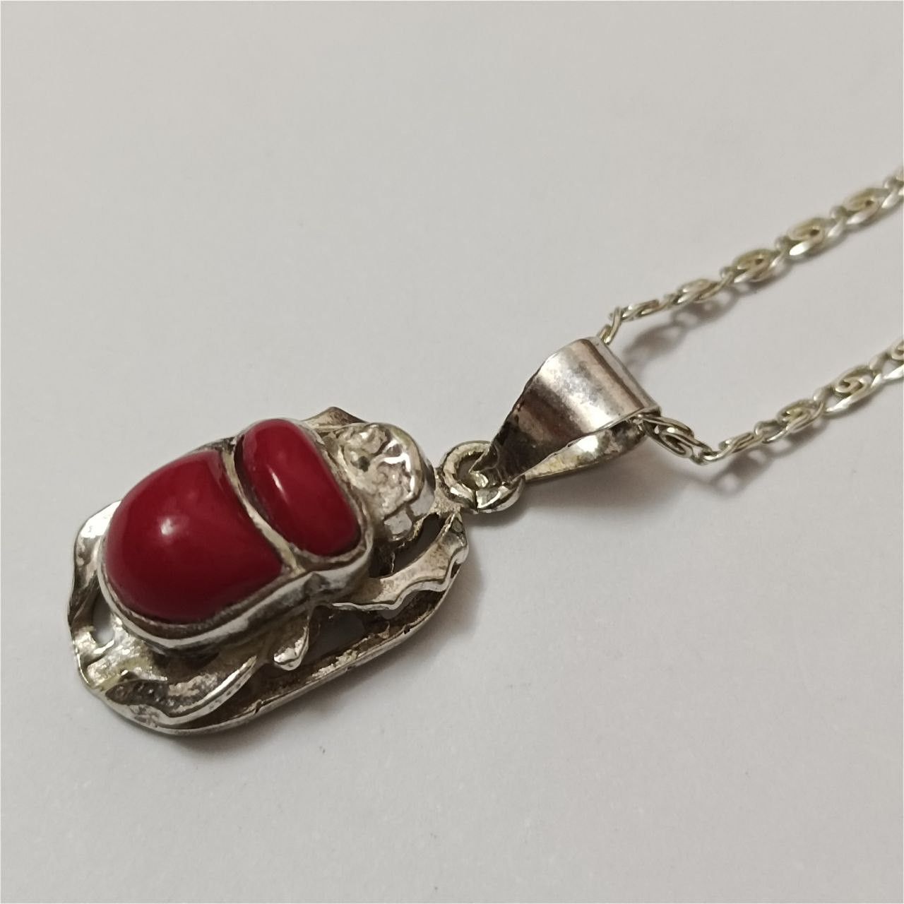 Sterling Silver 925 silver Scarab with a red stone,pendant, Size ONE SIZE - 3 Thumbnail