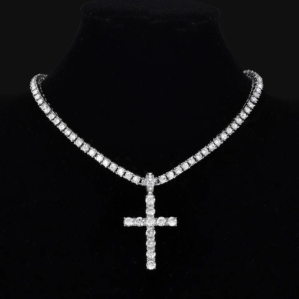 Jewelry Hip Hop Cross Pendant Necklace With 4mm Zircon Tennis Chain Size ONE SIZE - 1 Thumbnail