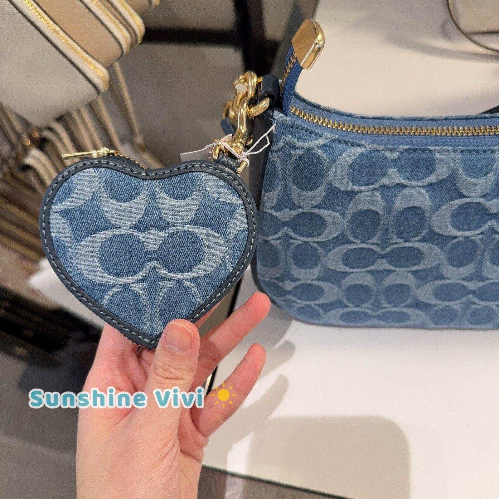 Coach NWT coach Heart Bag Charm Signature Denim CDF55 Gold/Indigo Size ONE SIZE - 1 Thumbnail