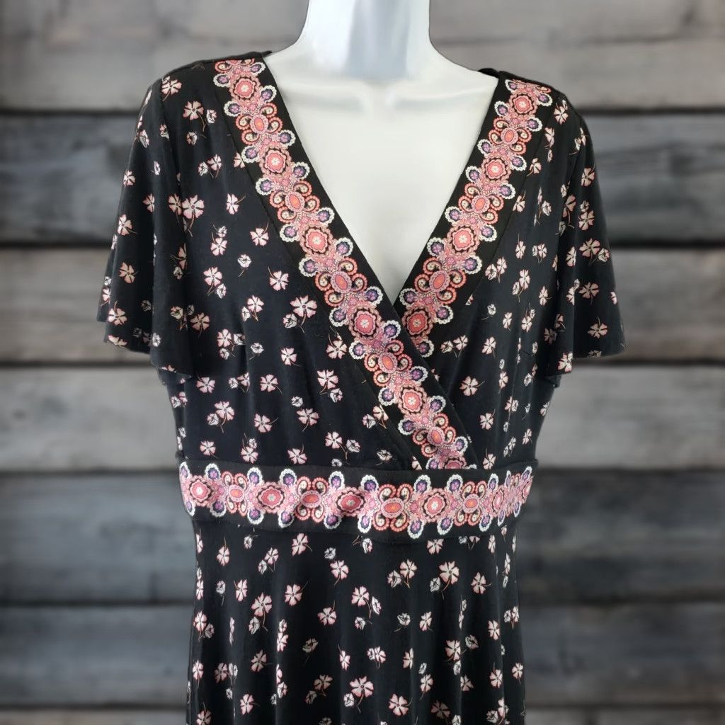 Loft Ann Taylor LOFT Womens Dress Sz 10 Black Pink Floral Short Sleeve V-Neck Size 32" / US 10 / IT 46 - 1 Thumbnail
