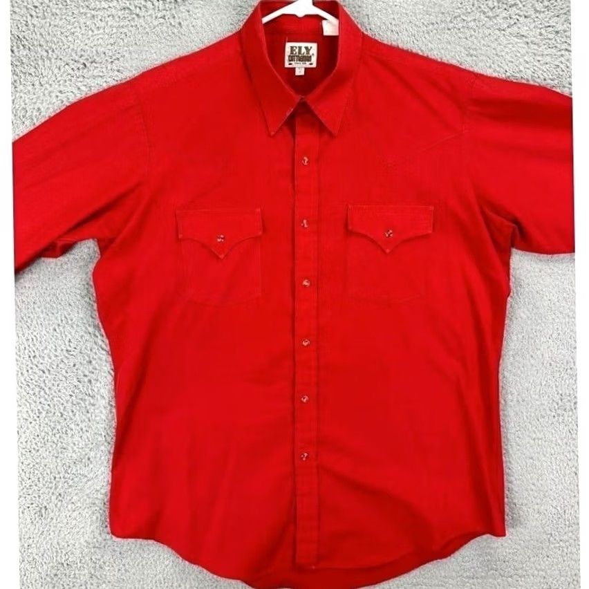 Vintage Ely Cattleman Shirt Mens Red Western Pearl Snap Button Up Pocket Flap Solid Long Sleeve Casual Workwear Cowboy style Mens Size 46R - 3 Thumbnail