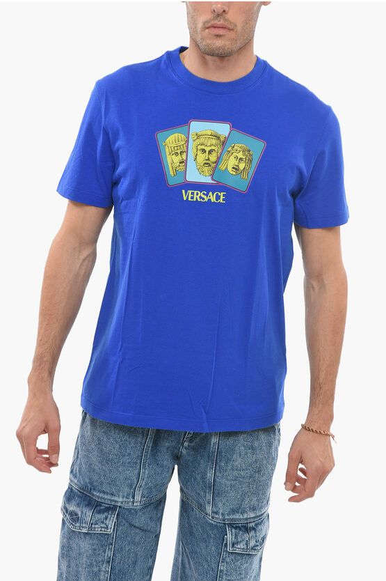 image of Versace Og1Mm0524 Crew Neck Cotton T-Shirt In Blue, Men's (Size Small)