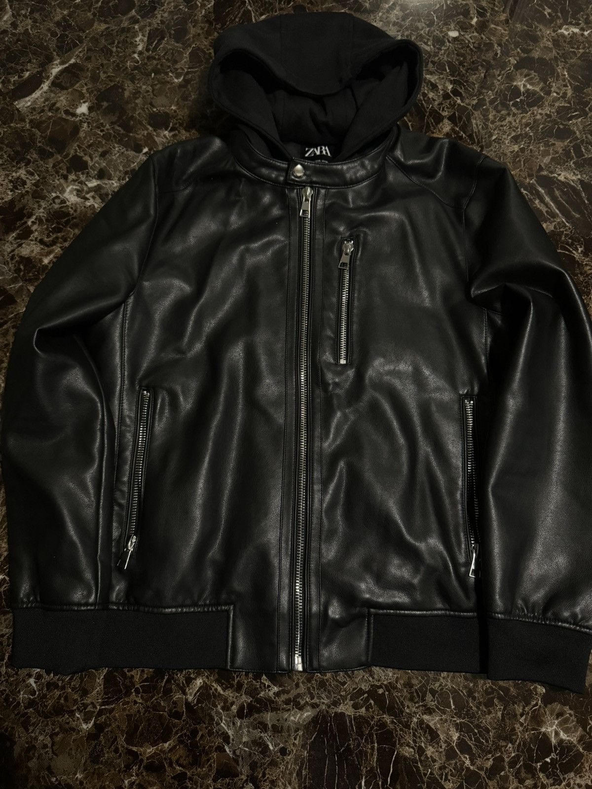 Zara leather jacket with hoodie sales