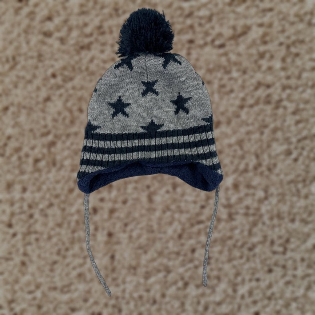 Vintage Unbranded Beanie Knit Hat/Cap One Size Gray Blue Stars Pom Cotton Blend Polyester Knit Men Winter Fall Spring Summer Size ONE SIZE - 1 Thumbnail